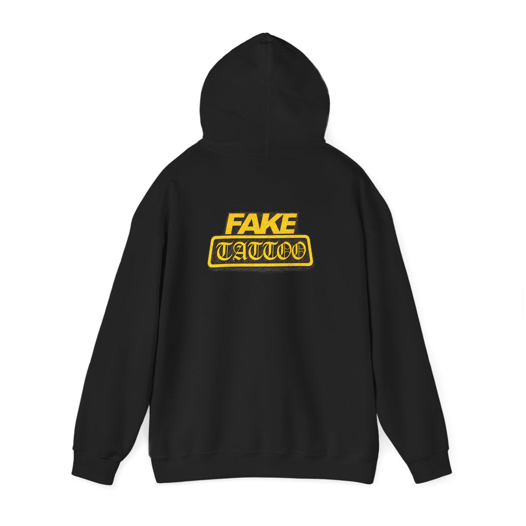 Fake Tattoo Hoodie – Retro Yellow Emblem Back Print Sweatshirt