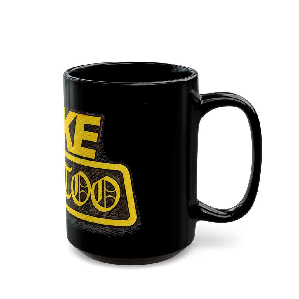 Fake Tattoo Black Mug — Bold Yellow Retro Design Coffee Cup (11oz/15oz)