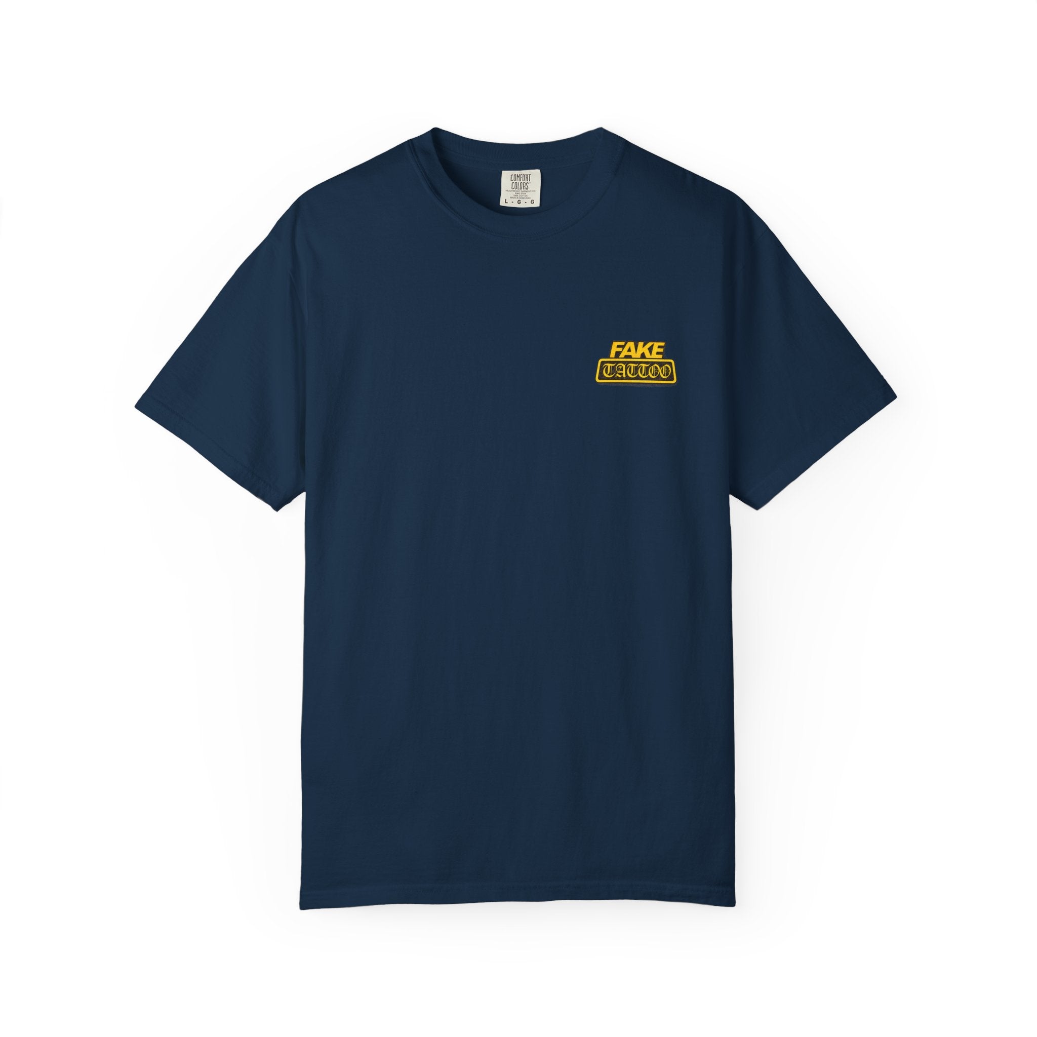Fake Tattoo Graphic T-Shirt — Retro Yellow Chest & Back Logo