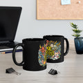 Fake Tattoo Black Mug — Japanese Tattoo Style Coffee Cup with Maneki-neko & Oni Art (11oz/15oz)