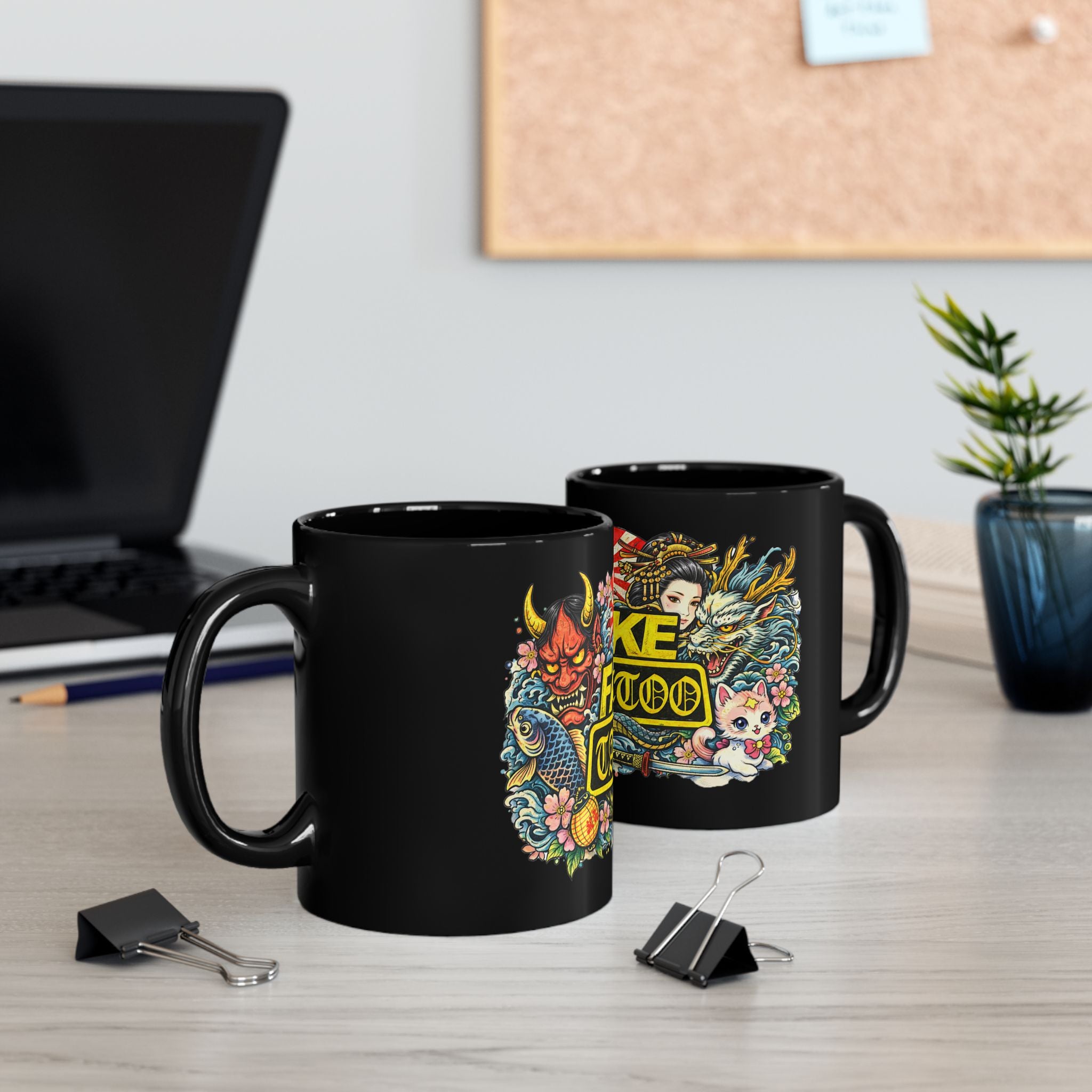 Fake Tattoo Black Mug — Japanese Tattoo Style Coffee Cup with Maneki-neko & Oni Art (11oz/15oz)