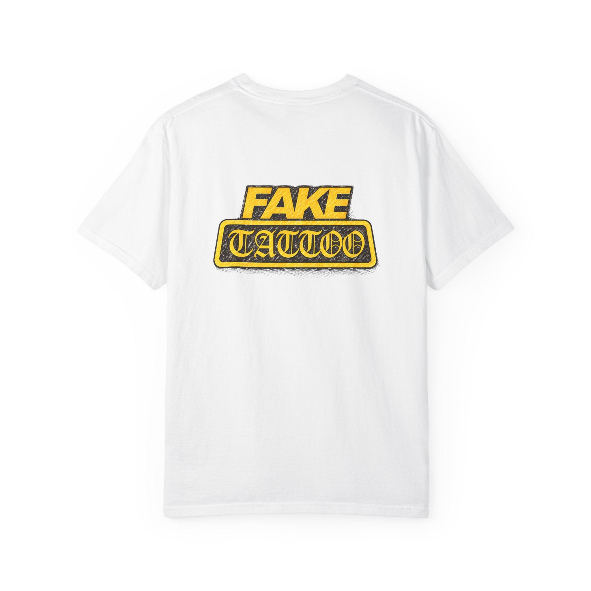 Fake Tattoo Graphic T-Shirt — Retro Yellow Chest & Back Logo