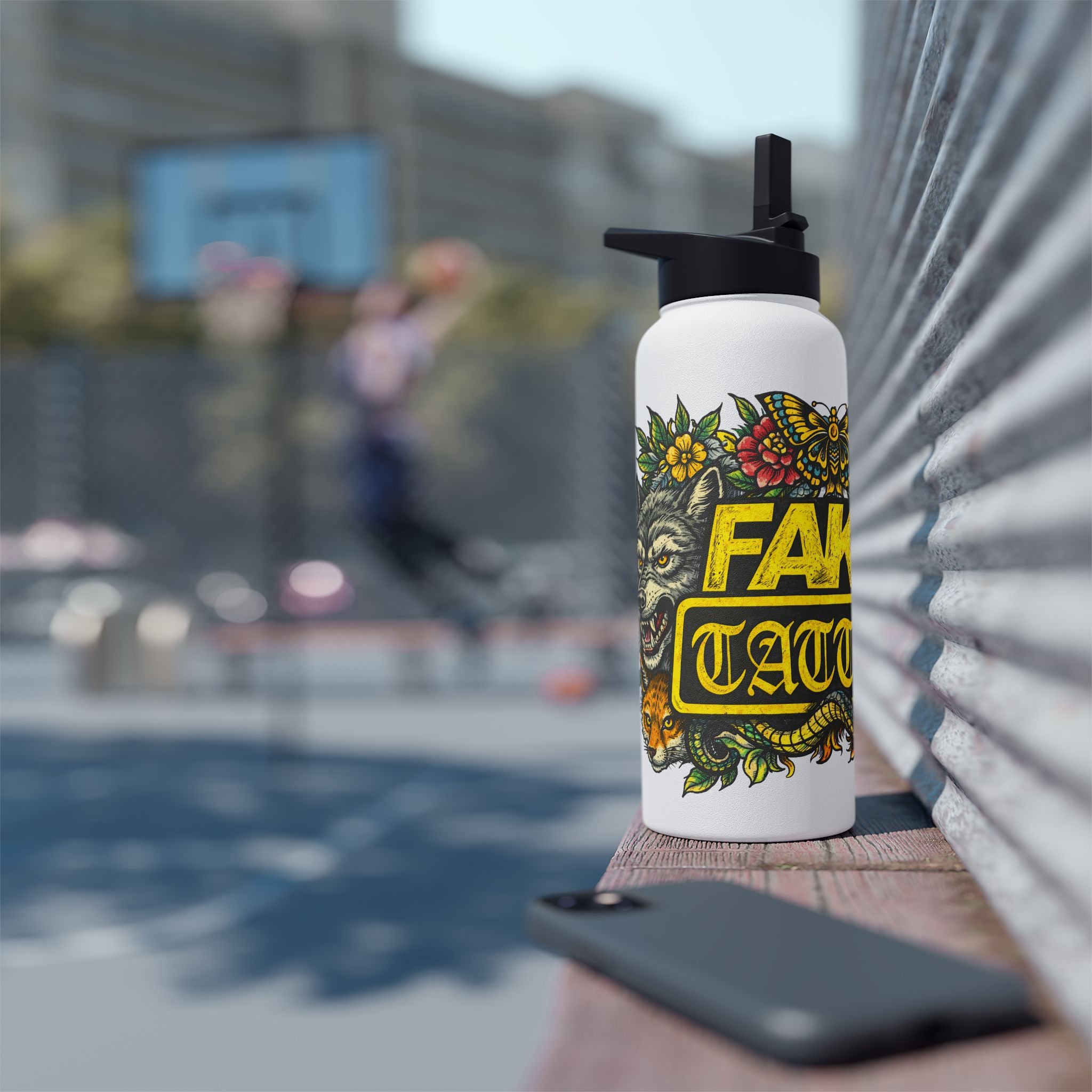 Tattoo-Style Stainless Steel Water Bottle — "Fake Tattoo" Vintage Floral Design