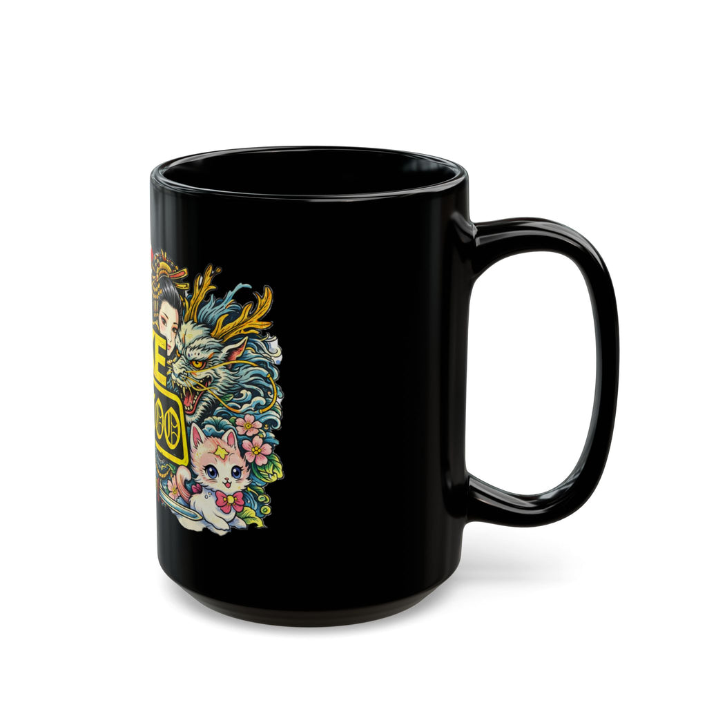 Fake Tattoo Black Mug — Japanese Tattoo Style Coffee Cup with Maneki-neko & Oni Art (11oz/15oz)