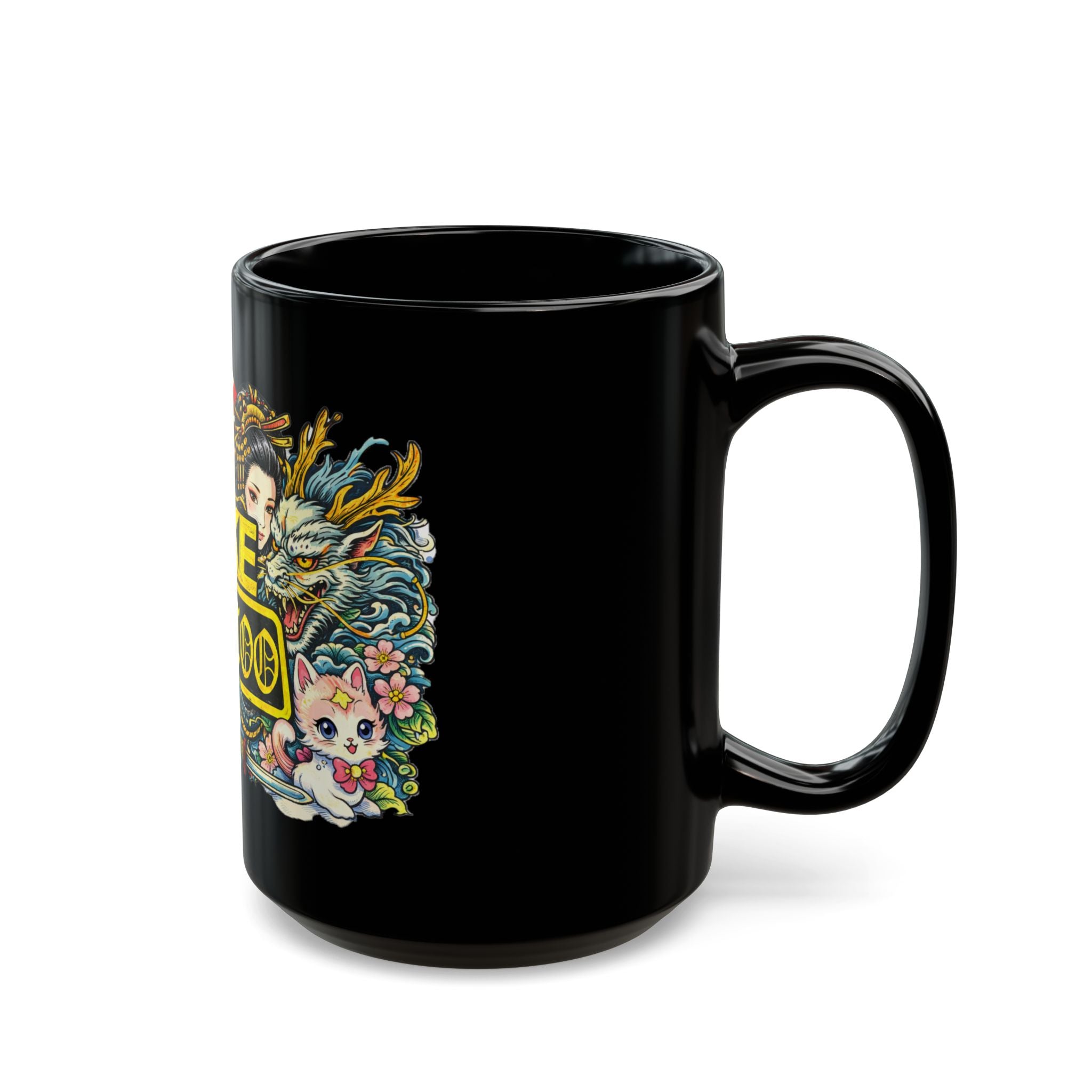 Fake Tattoo Black Mug — Japanese Tattoo Style Coffee Cup with Maneki-neko & Oni Art (11oz/15oz)