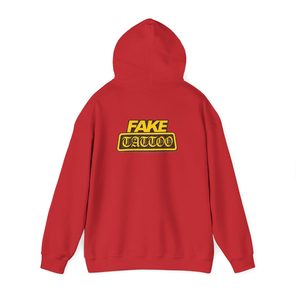 Fake Tattoo Hoodie – Retro Yellow Emblem Back Print Sweatshirt