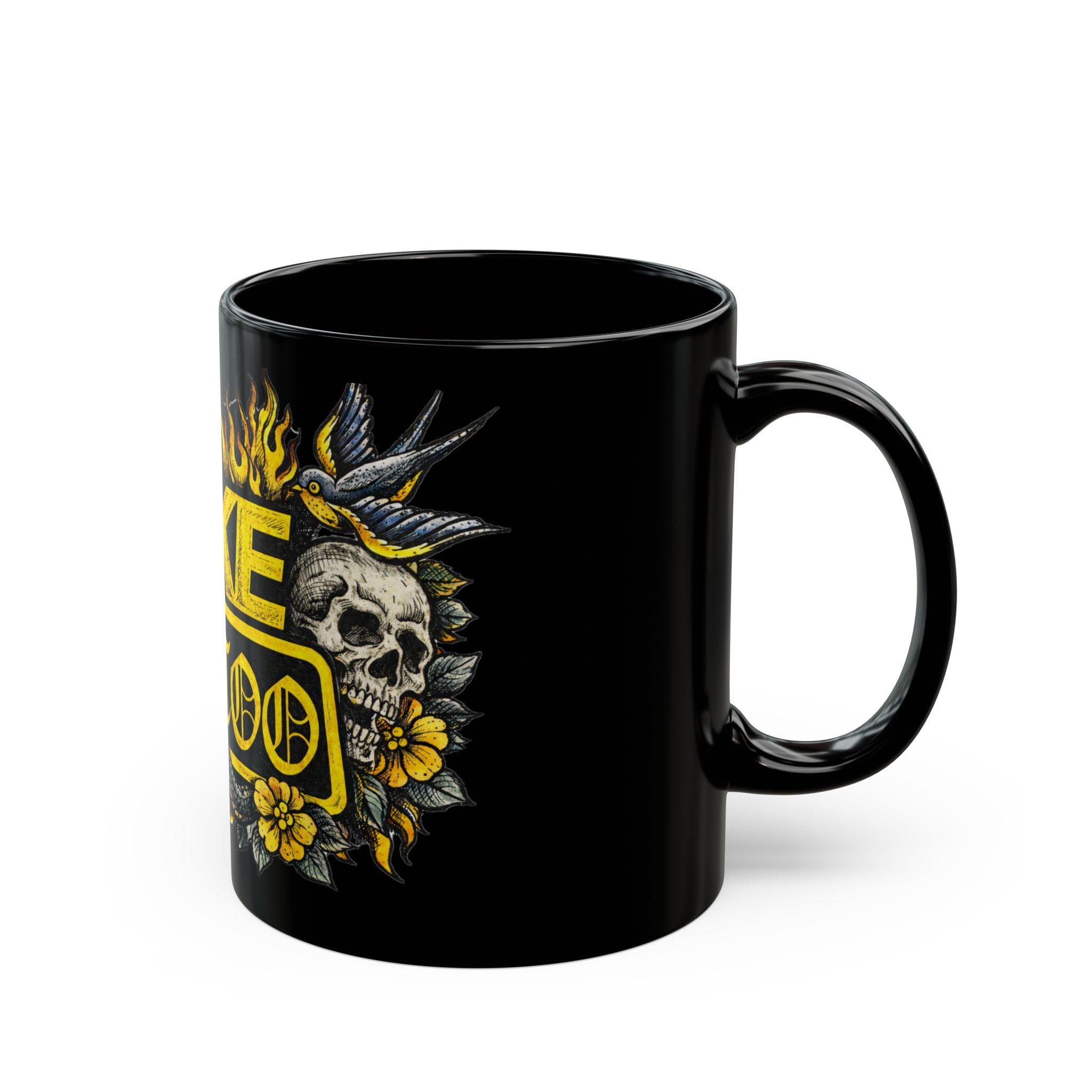 Fake Tattoo Black Mug — Skull & Snake Vintage Tattoo-Style Coffee Cup (11oz/15oz)