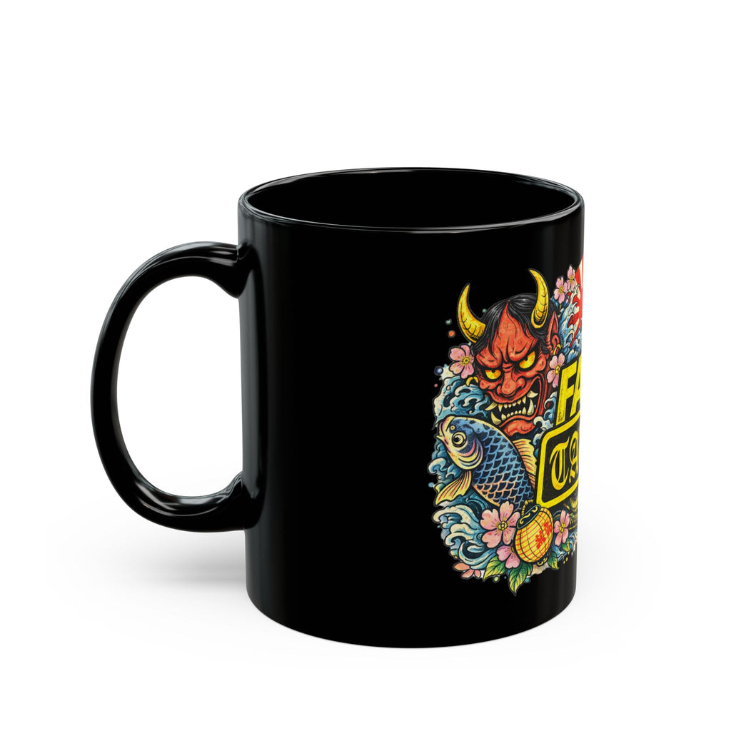 Fake Tattoo Black Mug — Japanese Tattoo Style Coffee Cup with Maneki-neko & Oni Art (11oz/15oz)