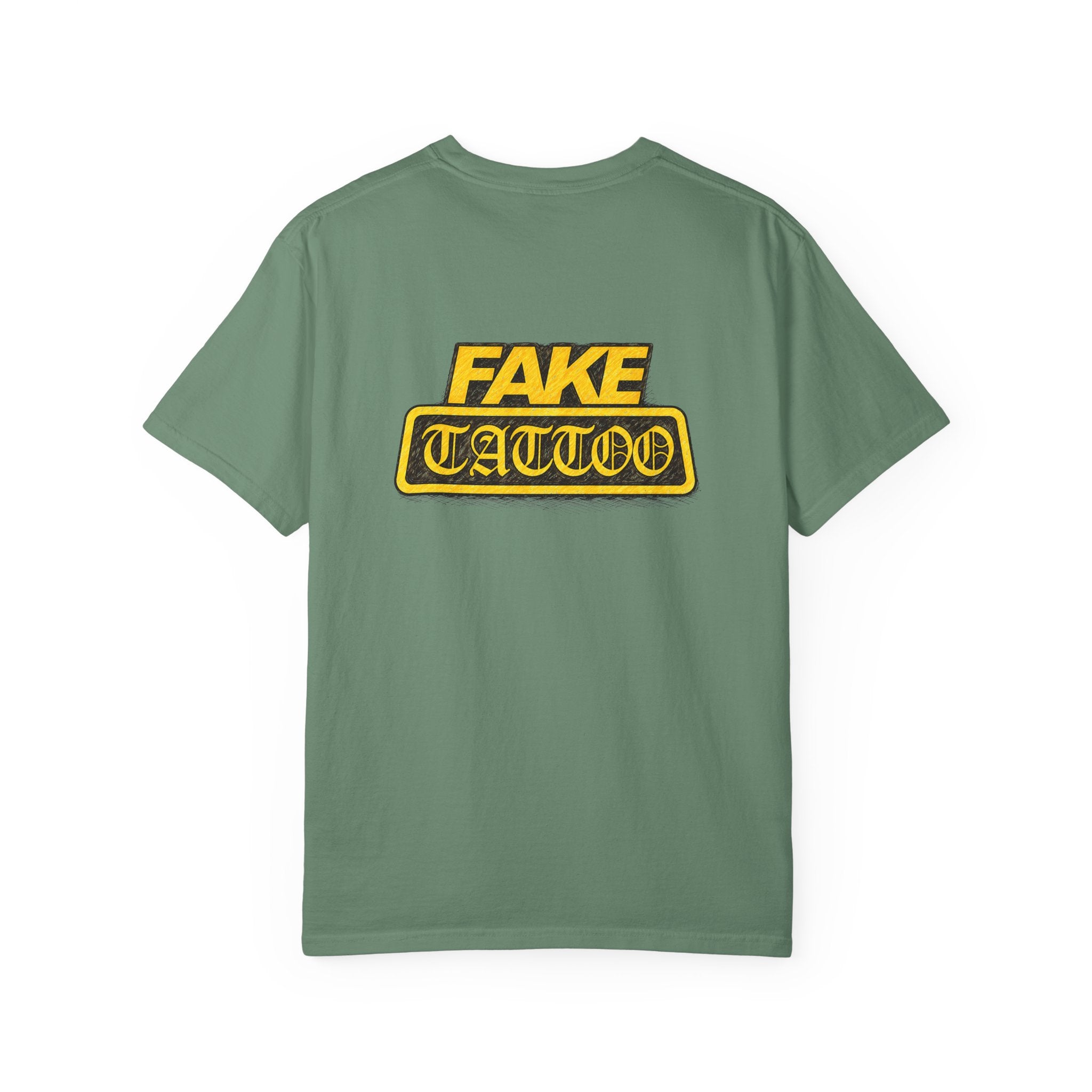 Fake Tattoo Graphic T-Shirt — Retro Yellow Chest & Back Logo