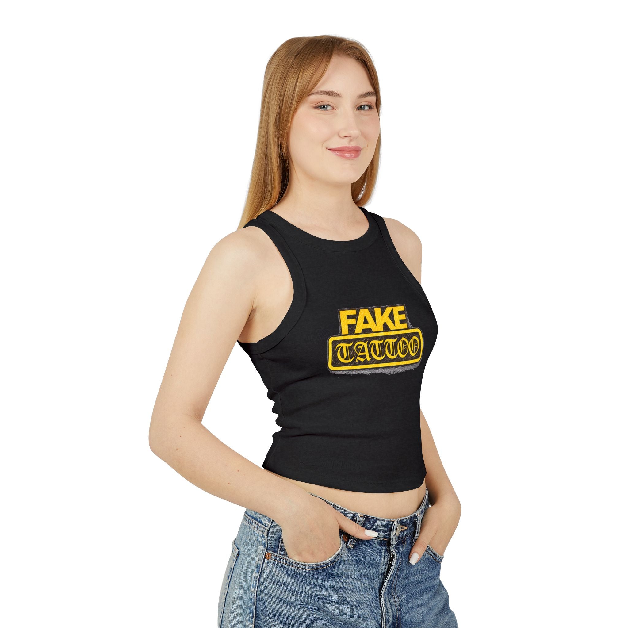 Fake Tattoo Racer Tank Top — Retro Yellow Graphic Crop Top