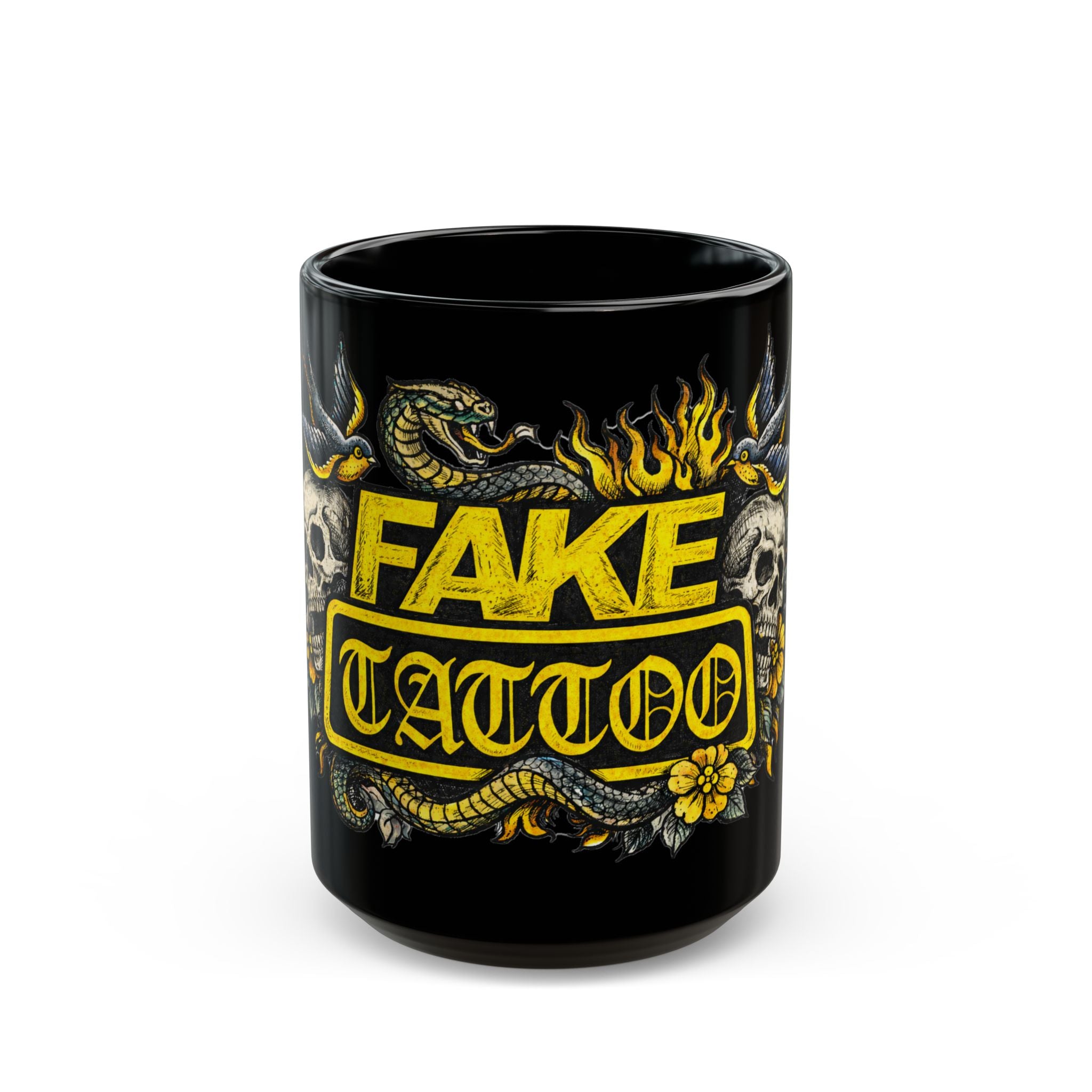 Fake Tattoo Black Mug — Skull & Snake Vintage Tattoo-Style Coffee Cup (11oz/15oz)