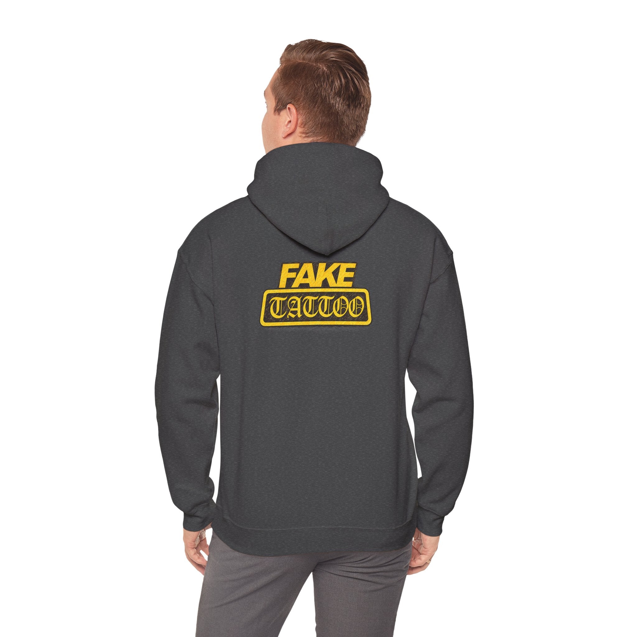 Fake Tattoo Hoodie – Retro Yellow Emblem Back Print Sweatshirt