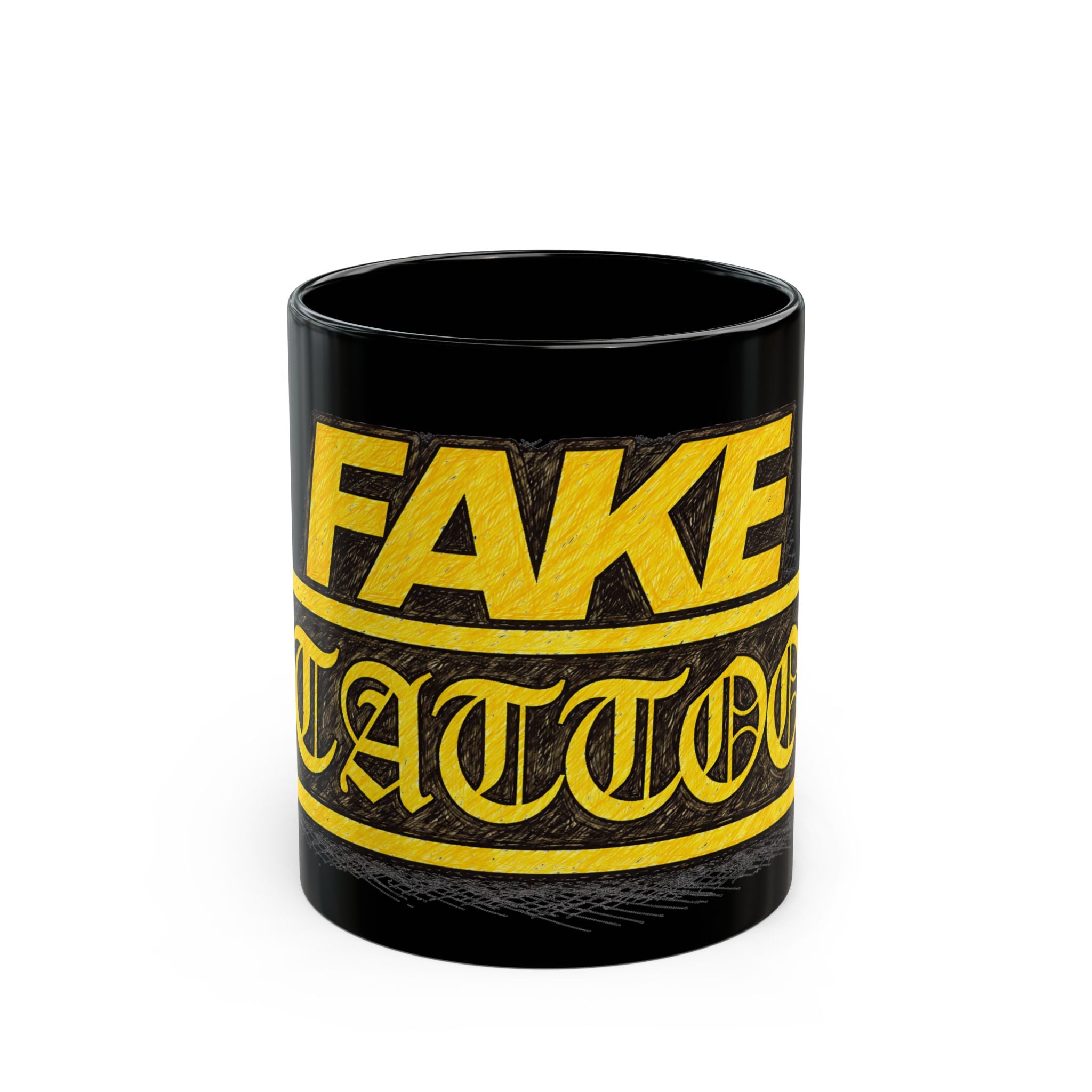Fake Tattoo Black Mug — Bold Yellow Retro Design Coffee Cup (11oz/15oz)