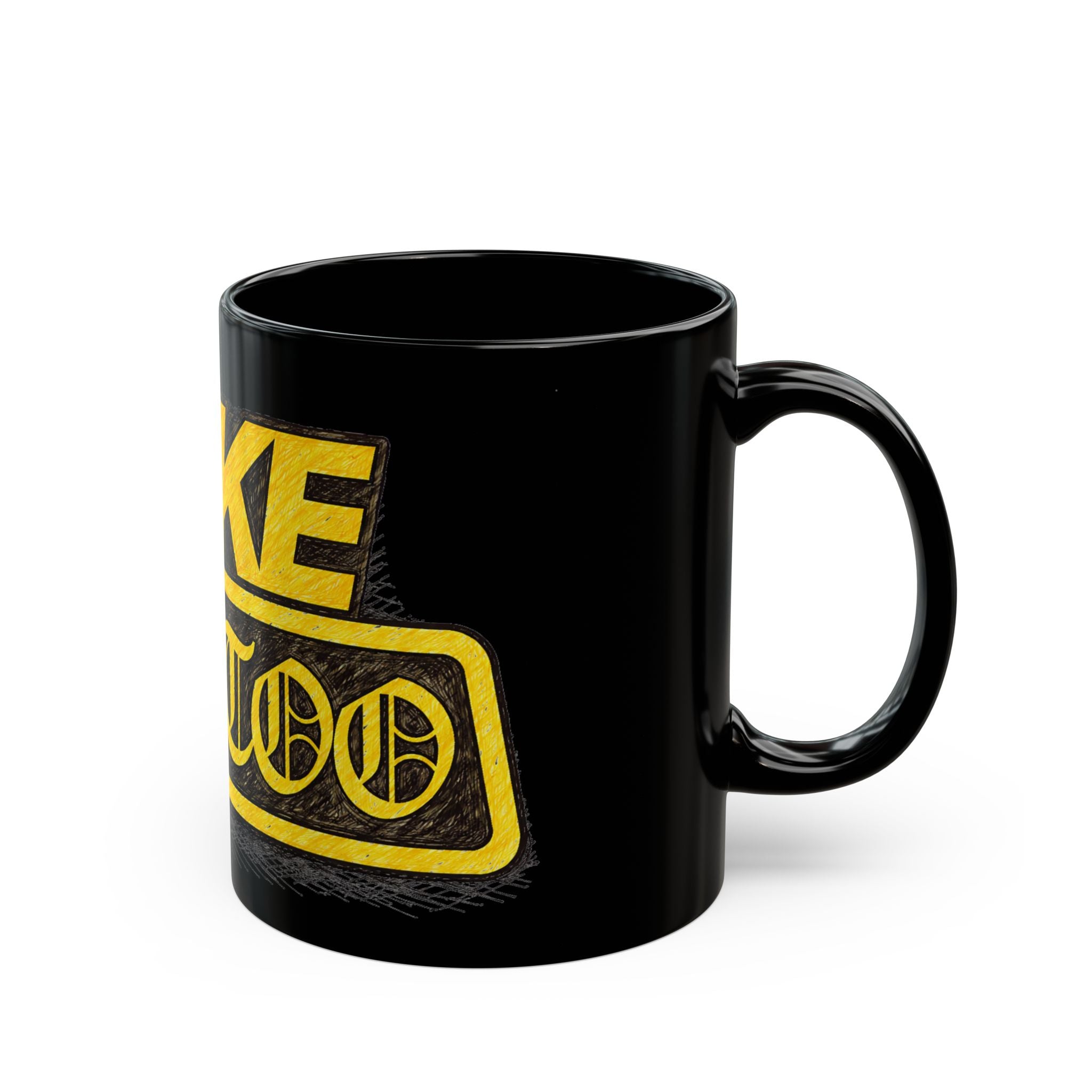 Fake Tattoo Black Mug — Bold Yellow Retro Design Coffee Cup (11oz/15oz)