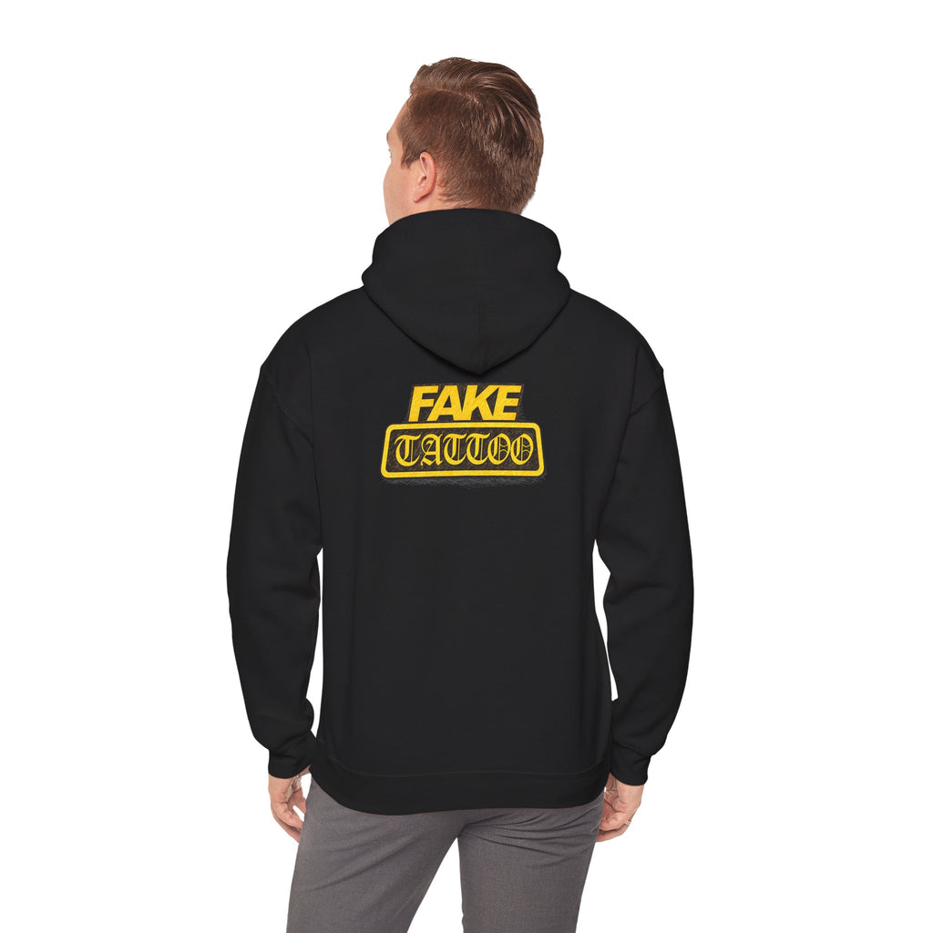 Fake Tattoo Hoodie – Retro Yellow Emblem Back Print Sweatshirt