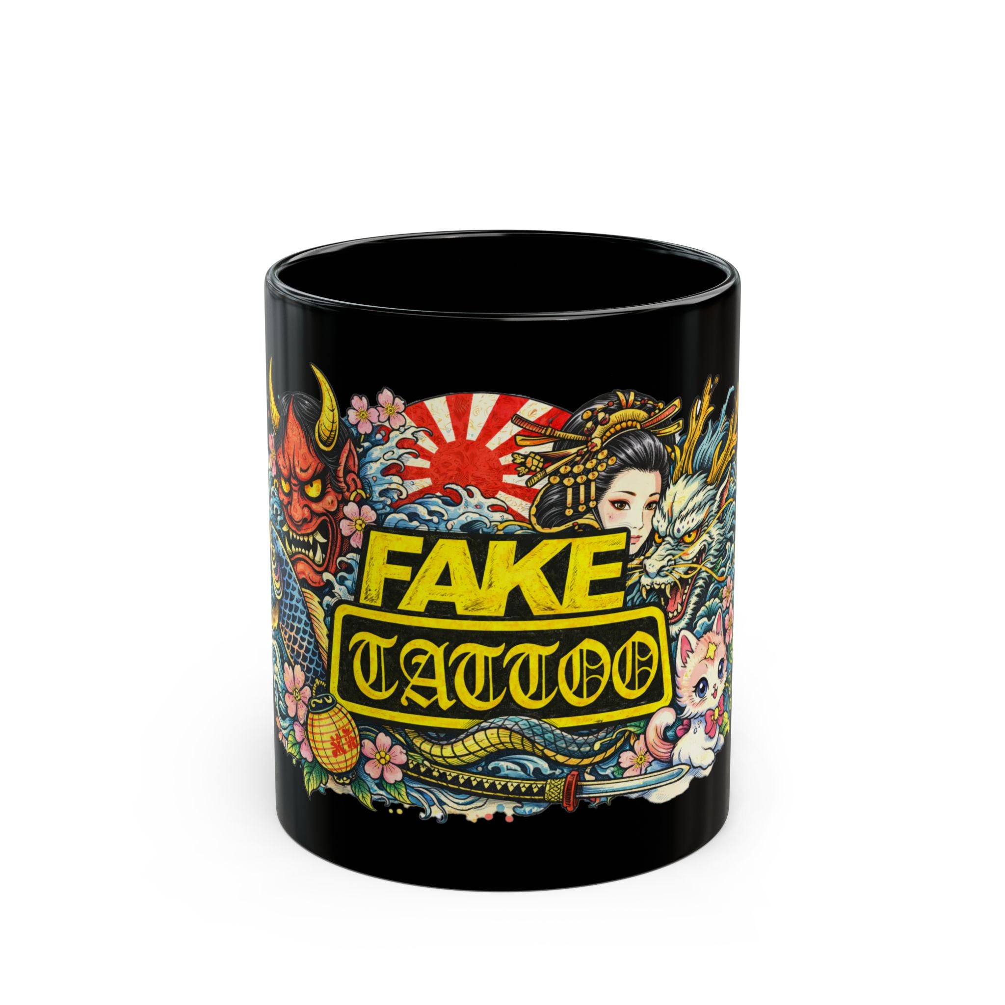 Fake Tattoo Black Mug — Japanese Tattoo Style Coffee Cup with Maneki-neko & Oni Art (11oz/15oz)
