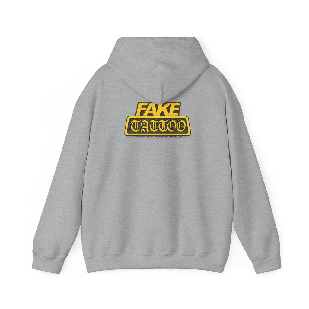 Fake Tattoo Hoodie – Retro Yellow Emblem Back Print Sweatshirt