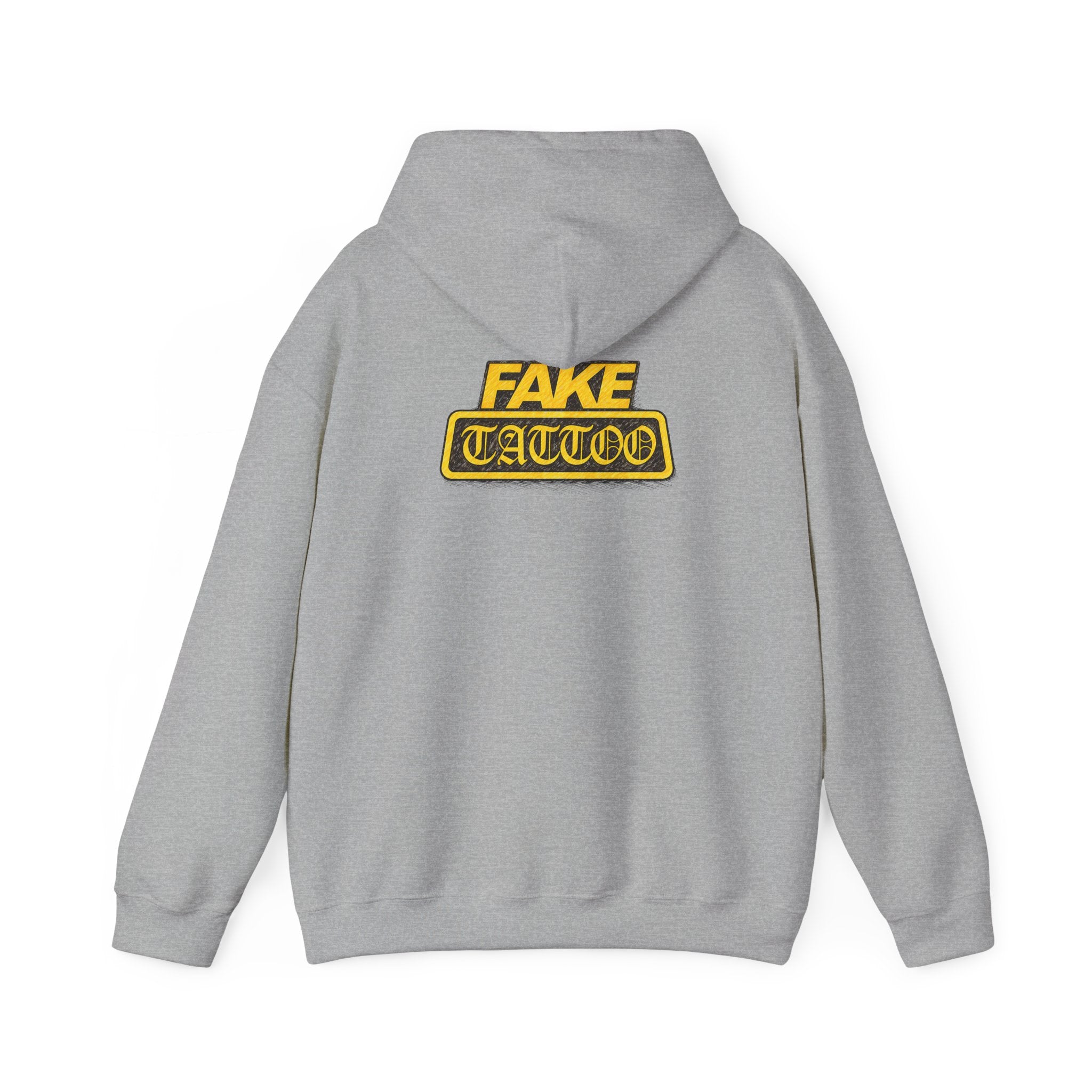 Fake Tattoo Hoodie – Retro Yellow Emblem Back Print Sweatshirt
