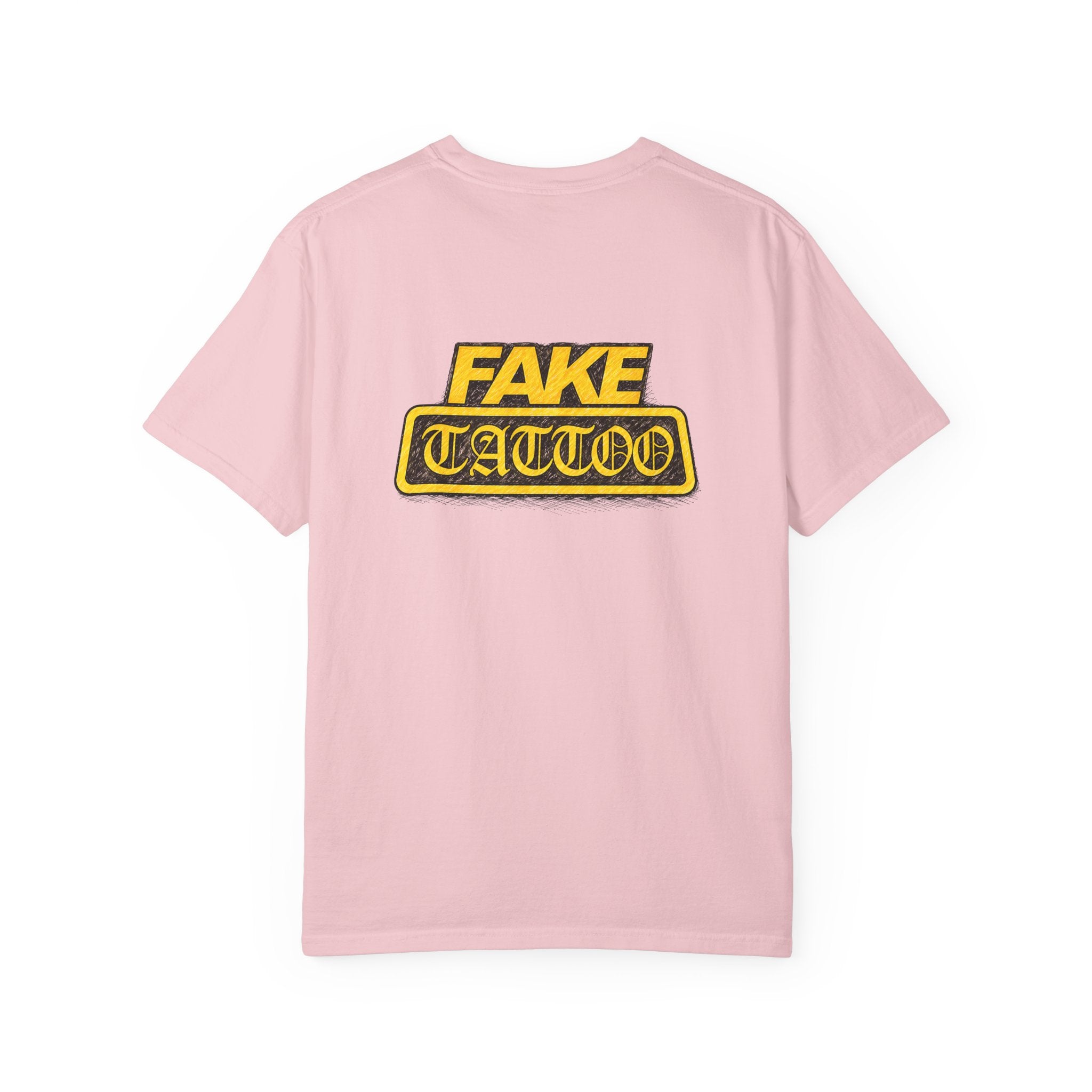 Fake Tattoo Graphic T-Shirt — Retro Yellow Chest & Back Logo