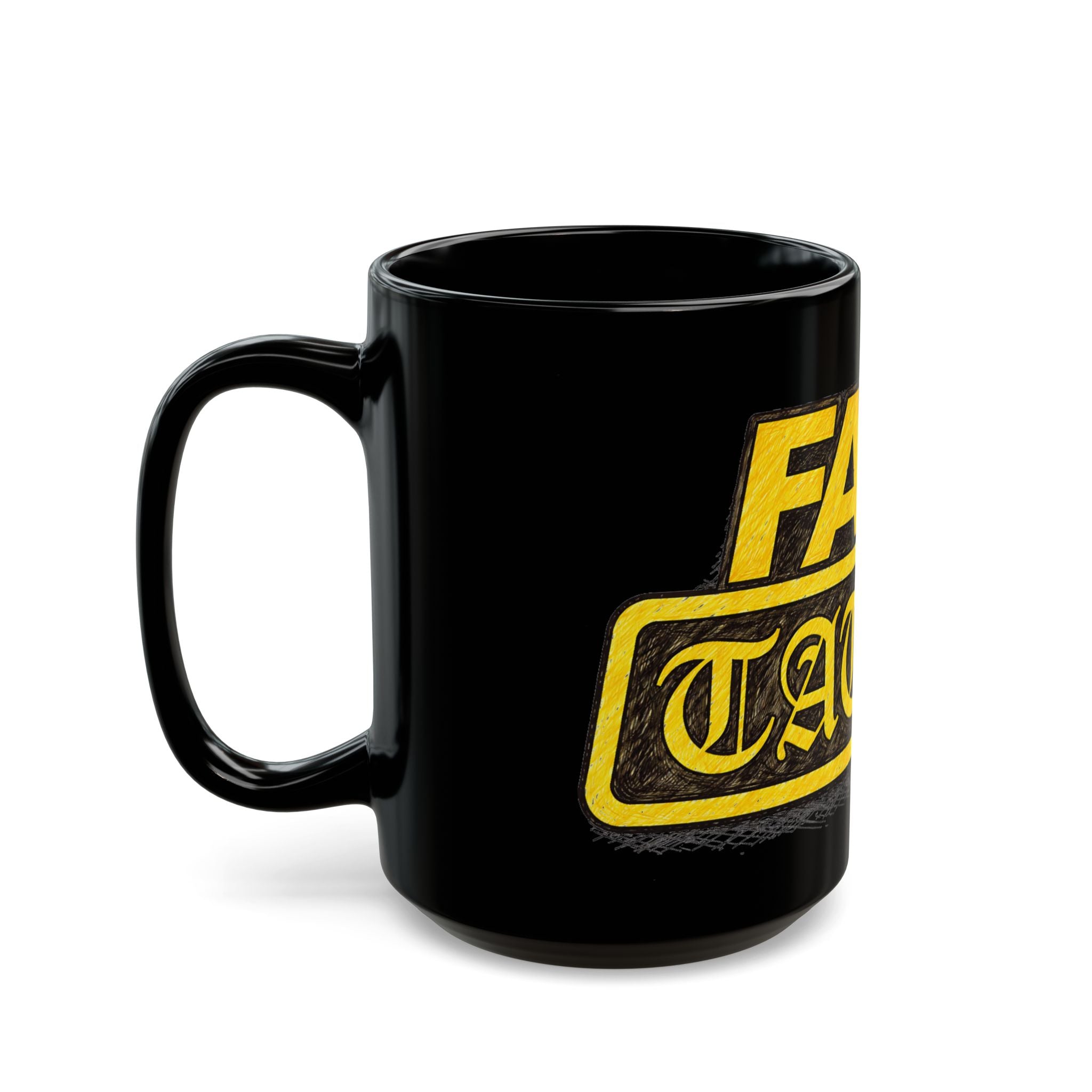 Fake Tattoo Black Mug — Bold Yellow Retro Design Coffee Cup (11oz/15oz)