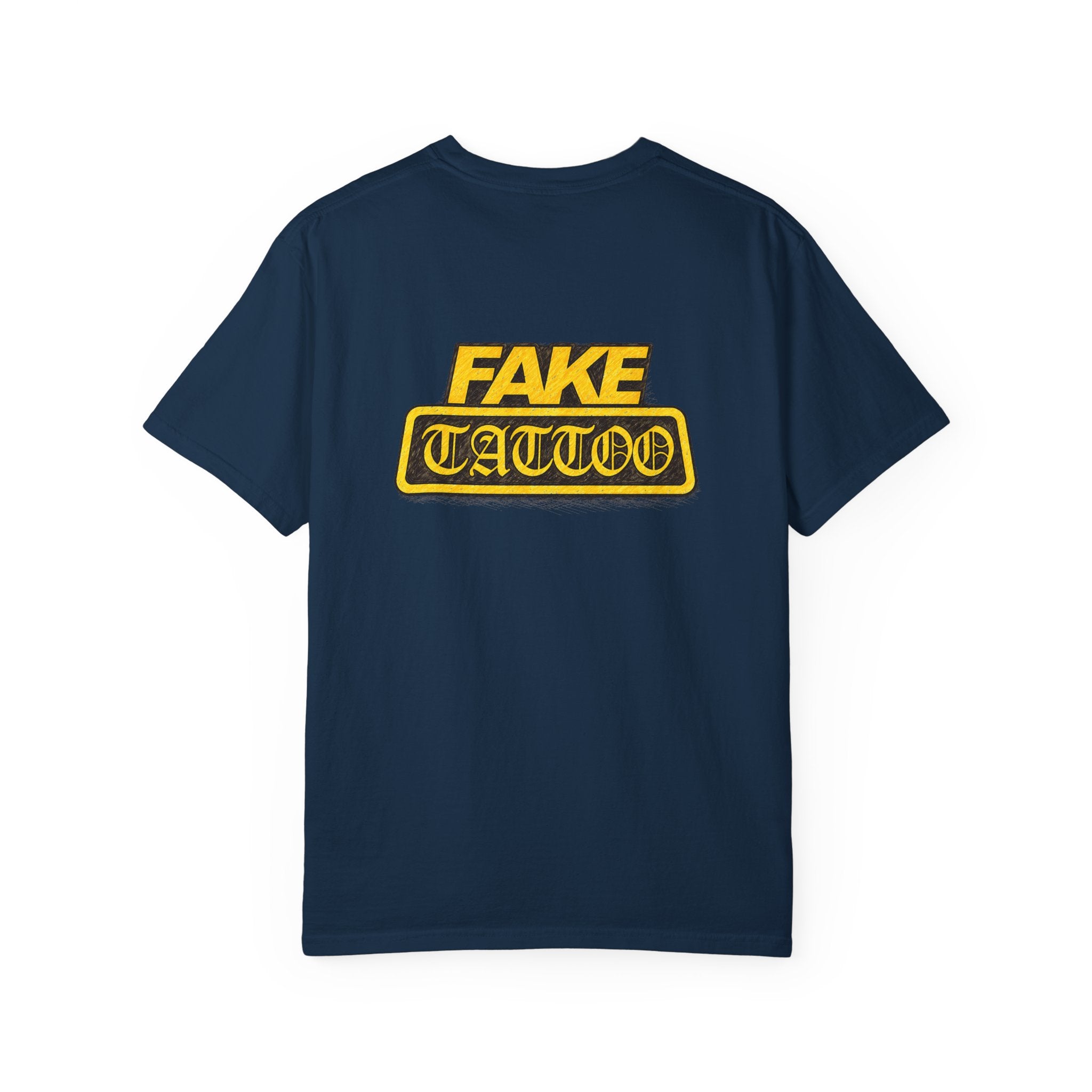 Fake Tattoo Graphic T-Shirt — Retro Yellow Chest & Back Logo