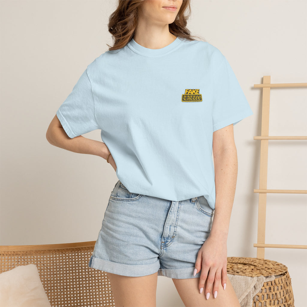 Fake Tattoo Graphic T-Shirt — Retro Yellow Chest & Back Logo