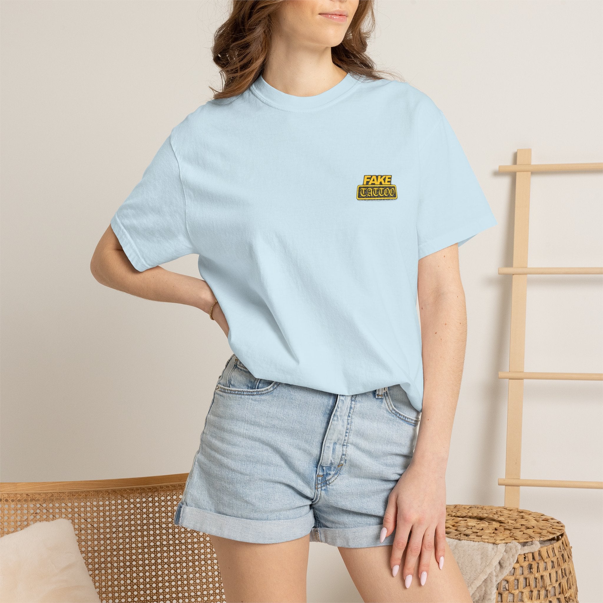 Fake Tattoo Graphic T-Shirt — Retro Yellow Chest & Back Logo