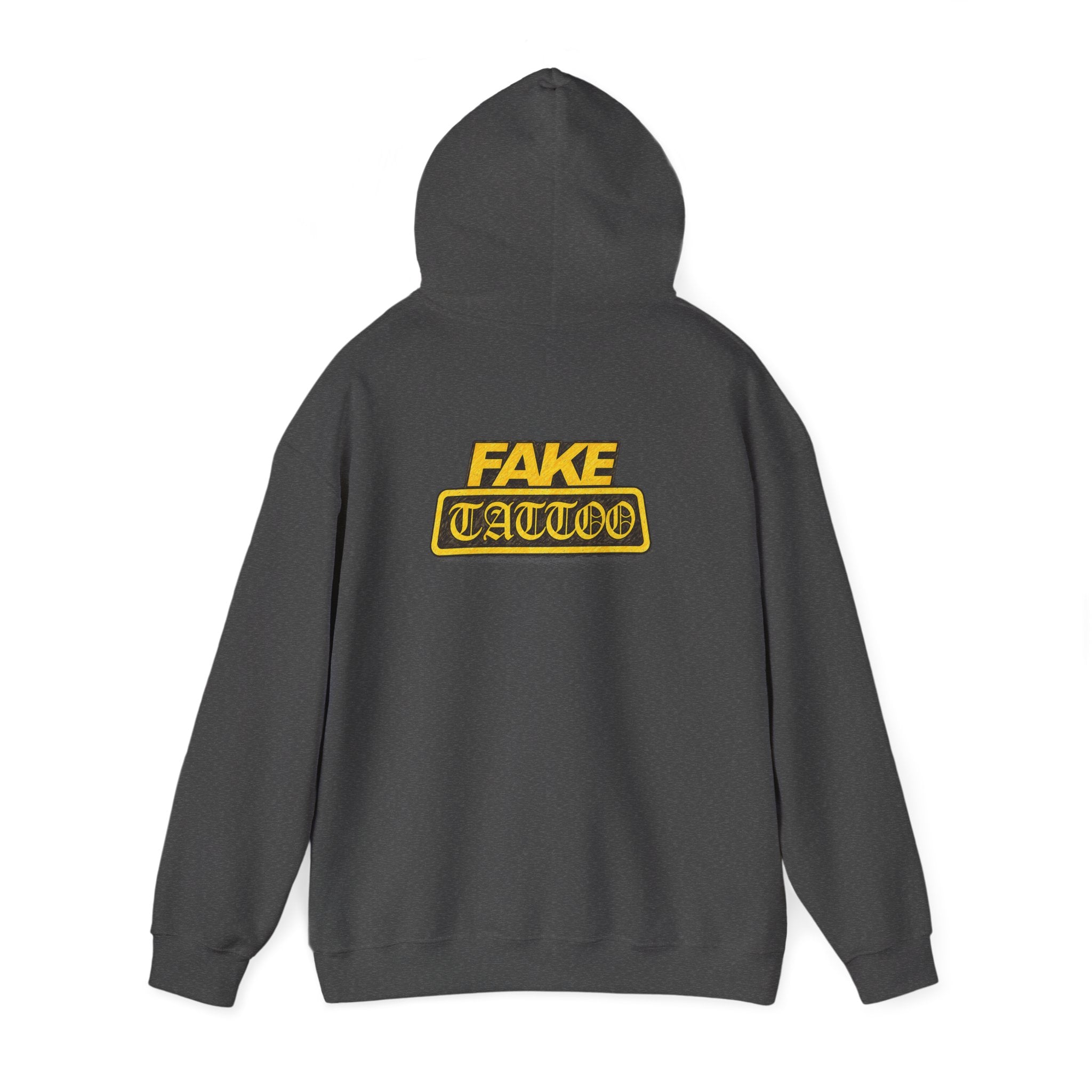 Fake Tattoo Hoodie – Retro Yellow Emblem Back Print Sweatshirt