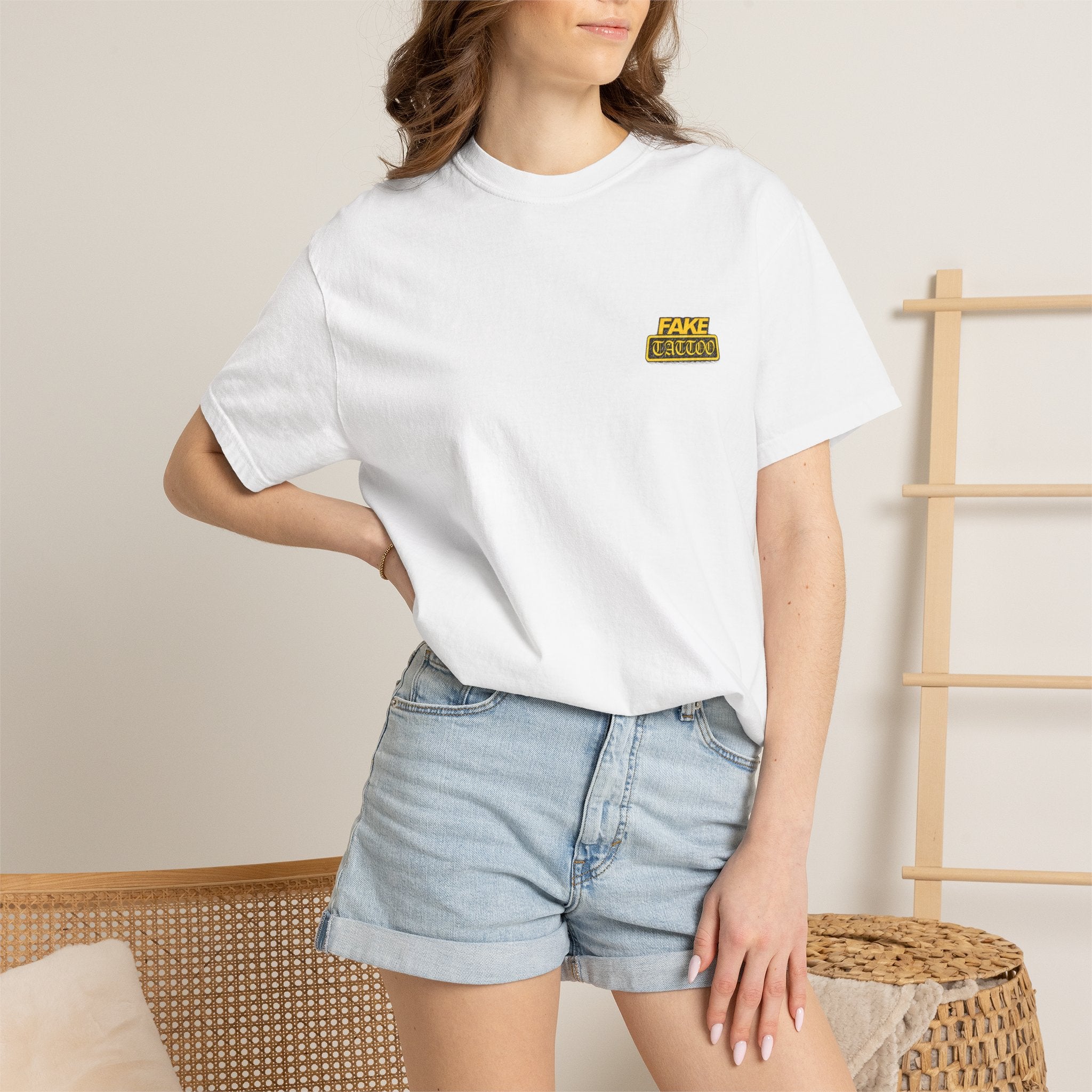 Fake Tattoo Graphic T-Shirt — Retro Yellow Chest & Back Logo