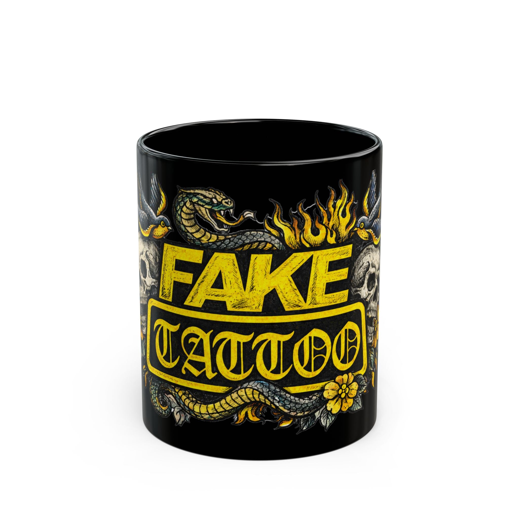 Fake Tattoo Black Mug — Skull & Snake Vintage Tattoo-Style Coffee Cup (11oz/15oz)