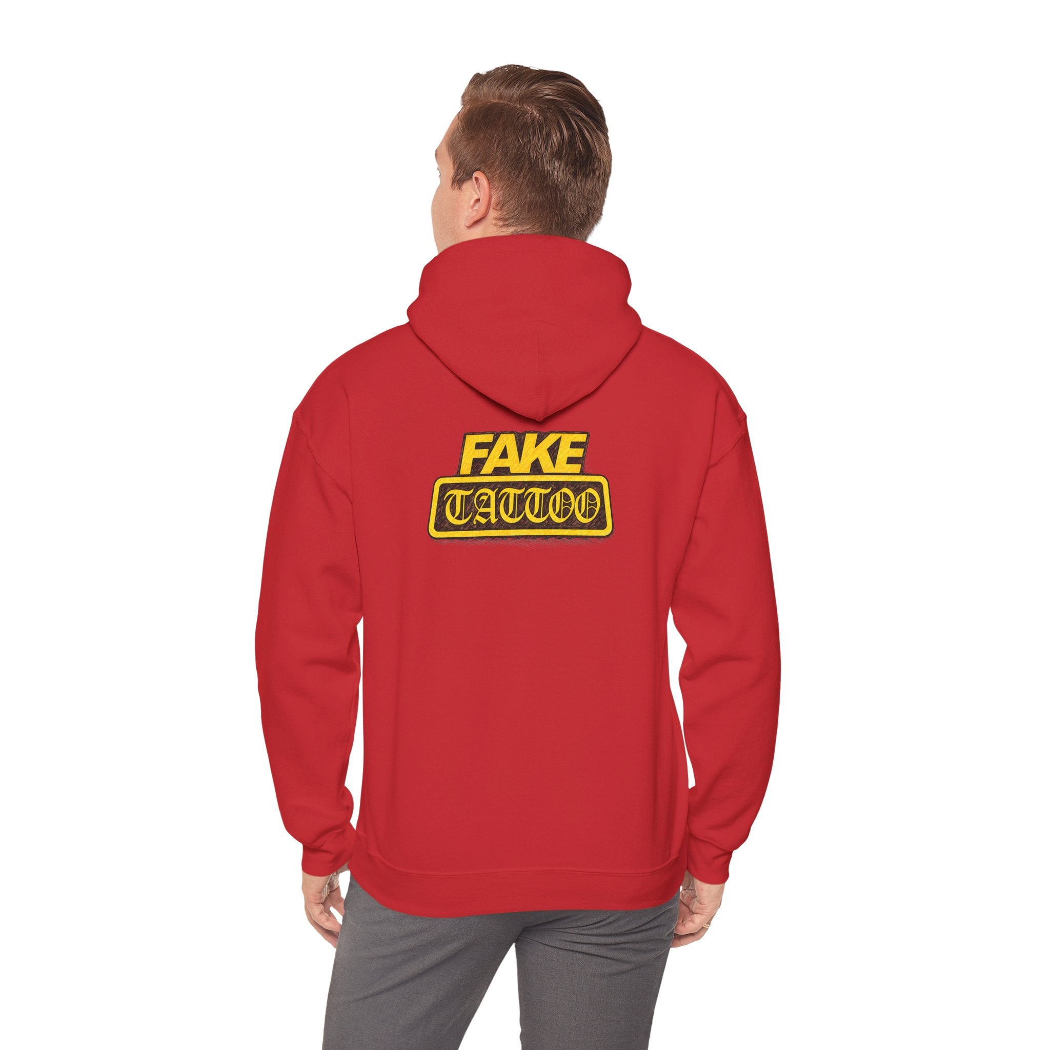 Fake Tattoo Hoodie – Retro Yellow Emblem Back Print Sweatshirt