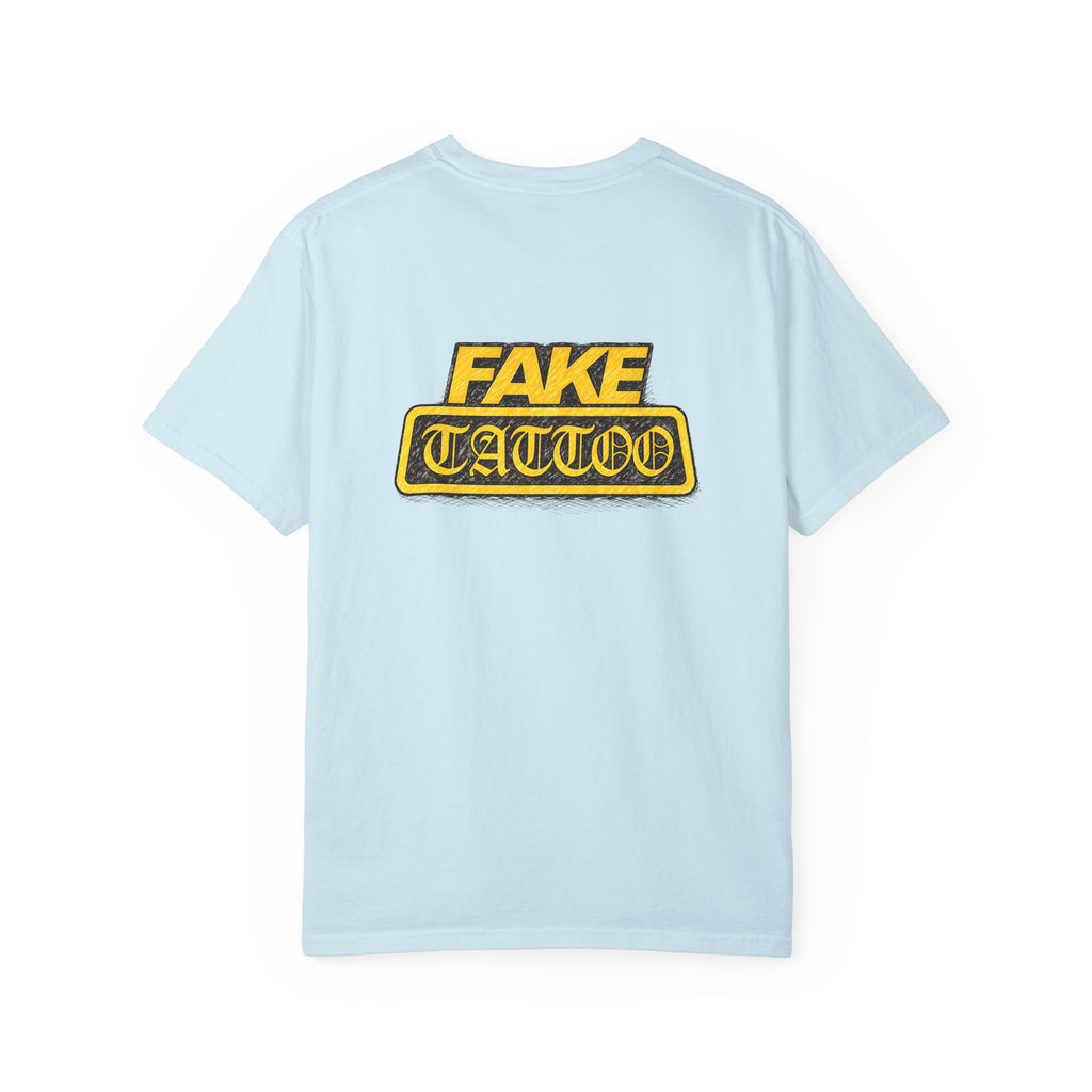 Fake Tattoo Graphic T-Shirt — Retro Yellow Chest & Back Logo