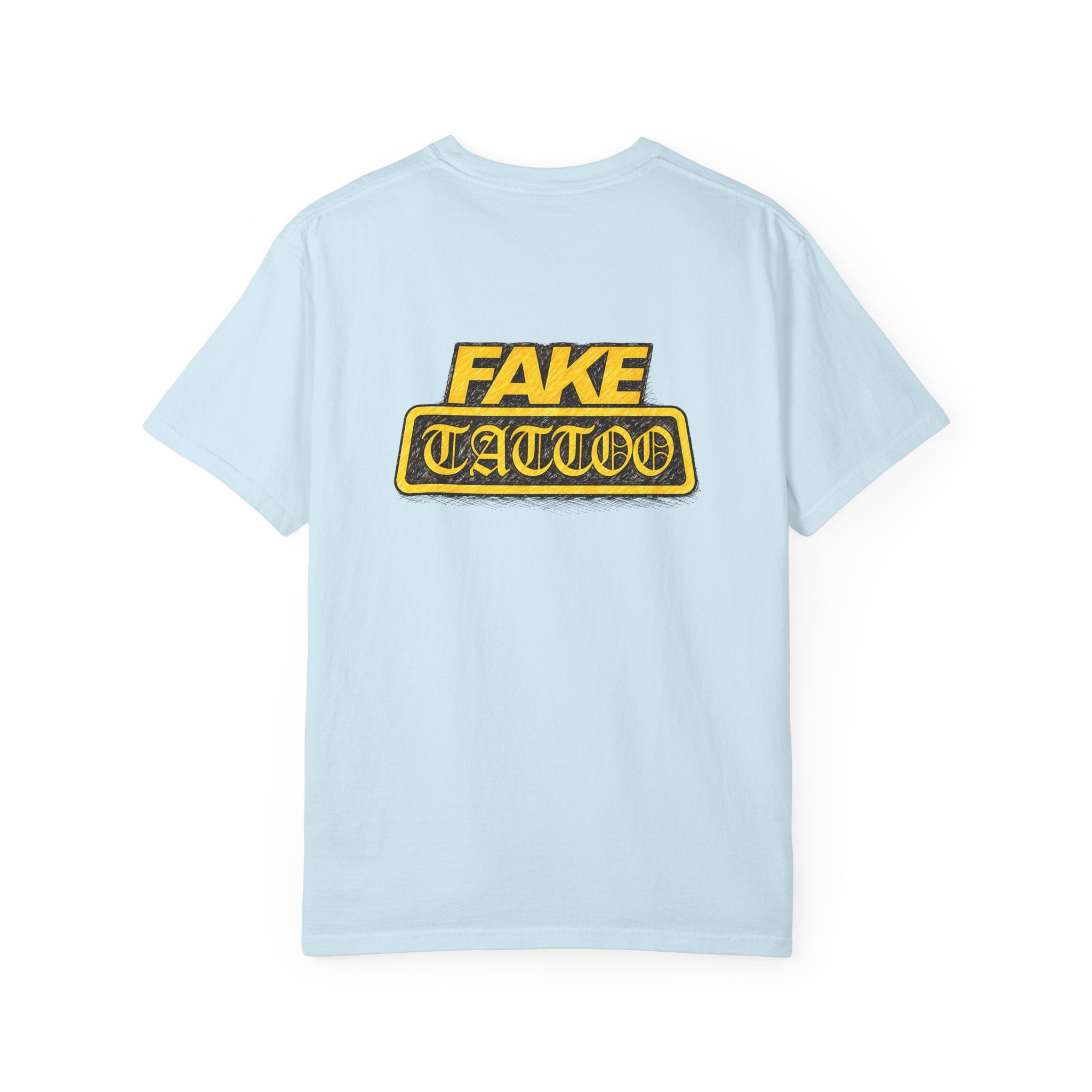 Fake Tattoo Graphic T-Shirt — Retro Yellow Chest & Back Logo