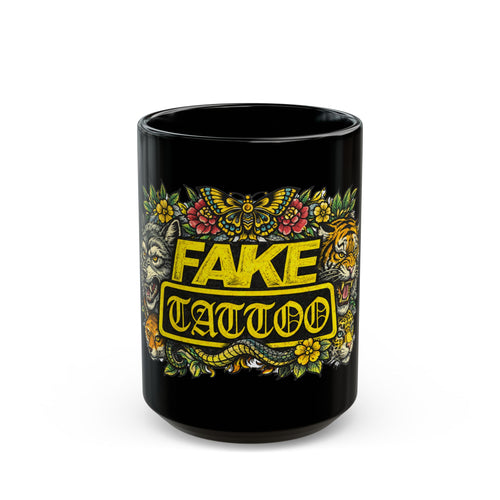 Fake Tattoo Black Mug — Bold Vintage Tattoo-Style Coffee Cup (11oz/15oz)
