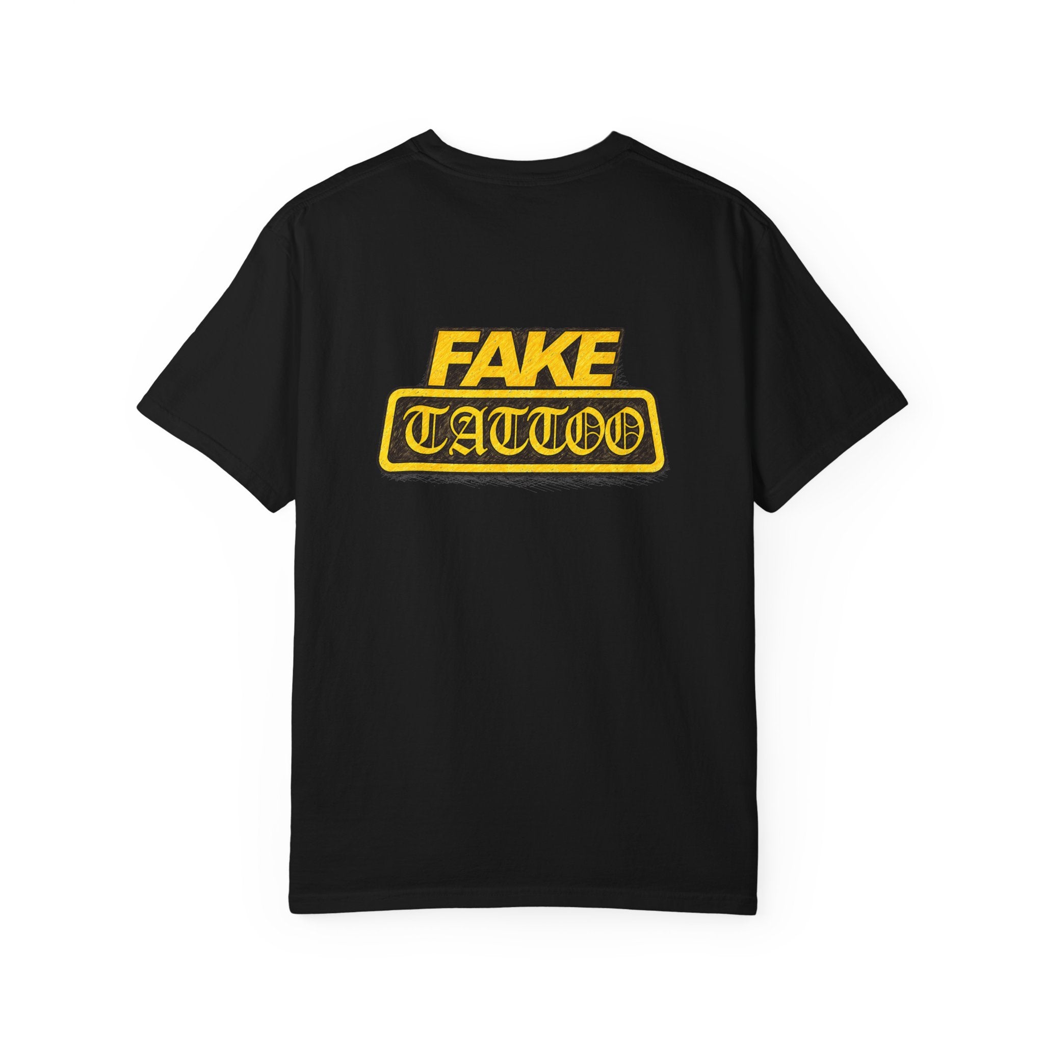 Fake Tattoo Graphic T-Shirt — Retro Yellow Chest & Back Logo