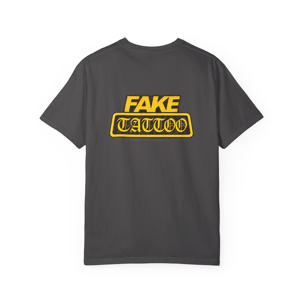 Fake Tattoo Graphic T-Shirt — Retro Yellow Chest & Back Logo