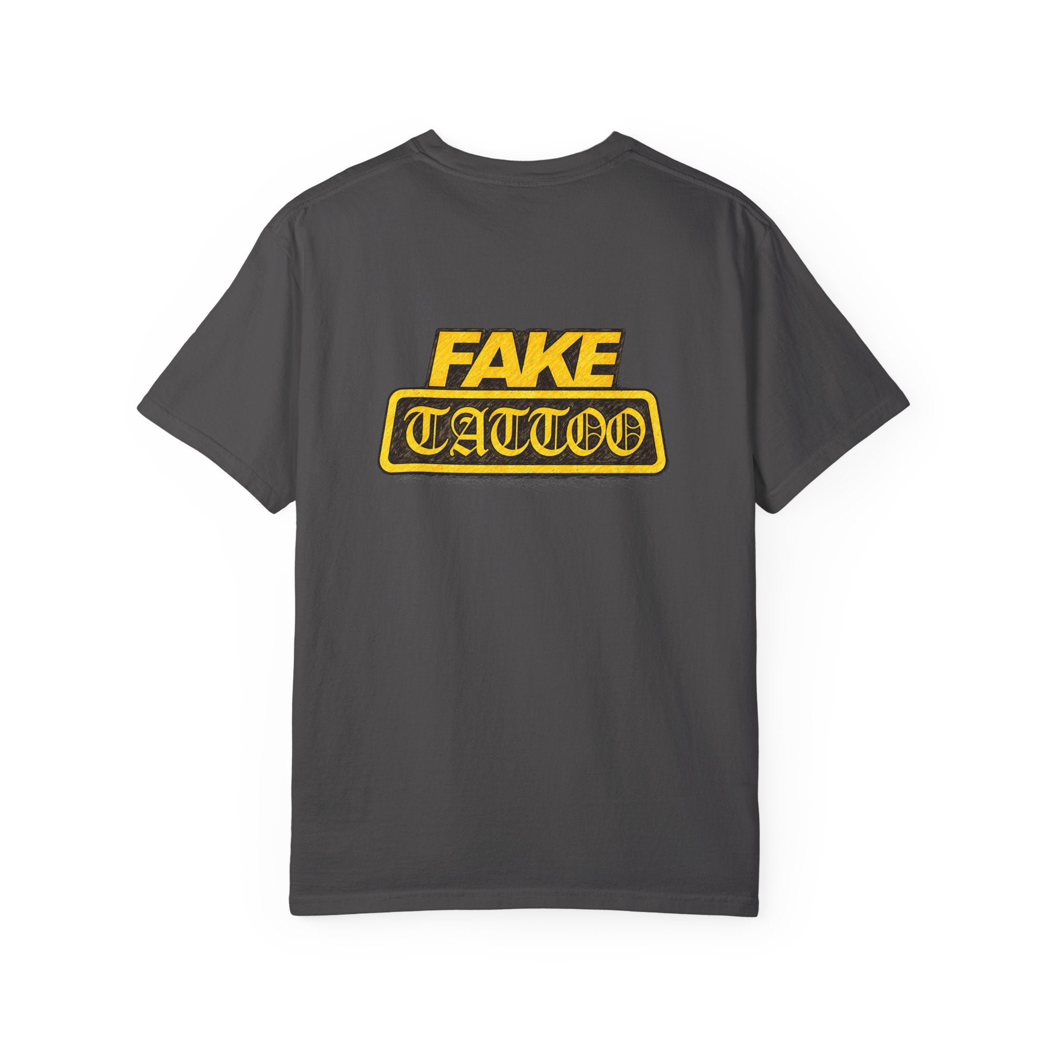 Fake Tattoo Graphic T-Shirt — Retro Yellow Chest & Back Logo