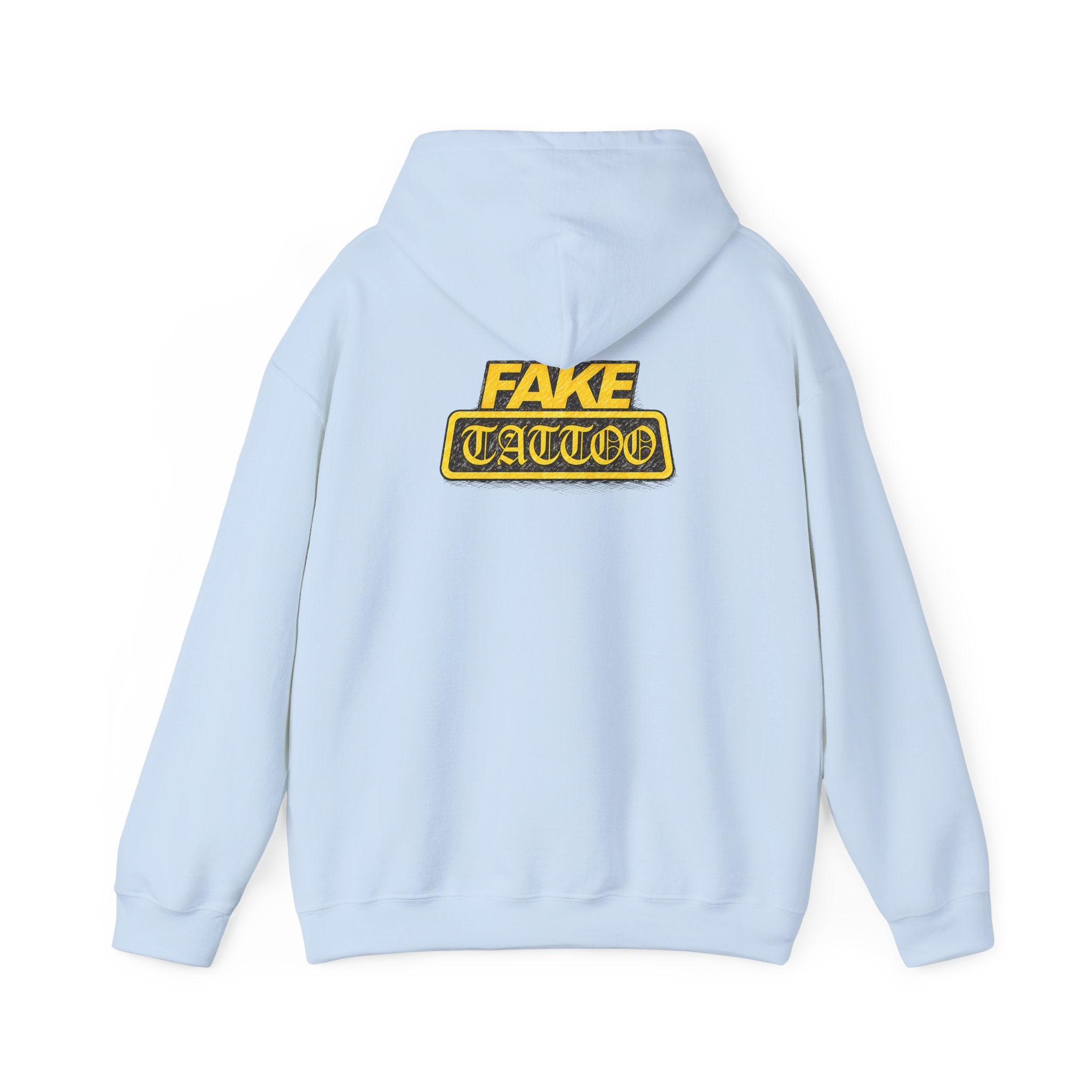 Fake Tattoo Hoodie – Retro Yellow Emblem Back Print Sweatshirt