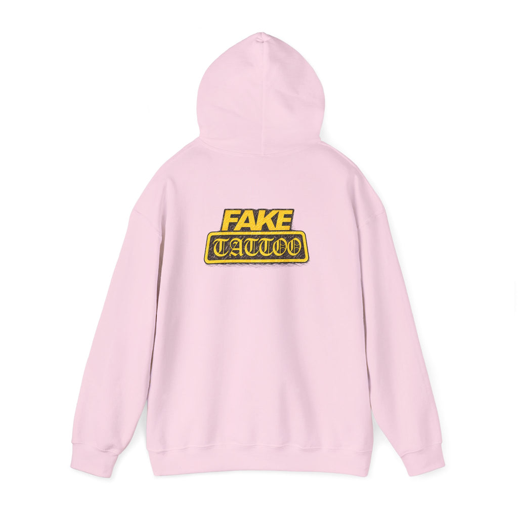 Fake Tattoo Hoodie – Retro Yellow Emblem Back Print Sweatshirt