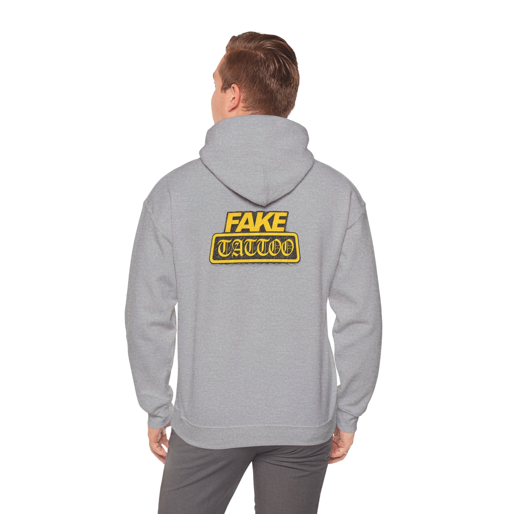 Fake Tattoo Hoodie – Retro Yellow Emblem Back Print Sweatshirt