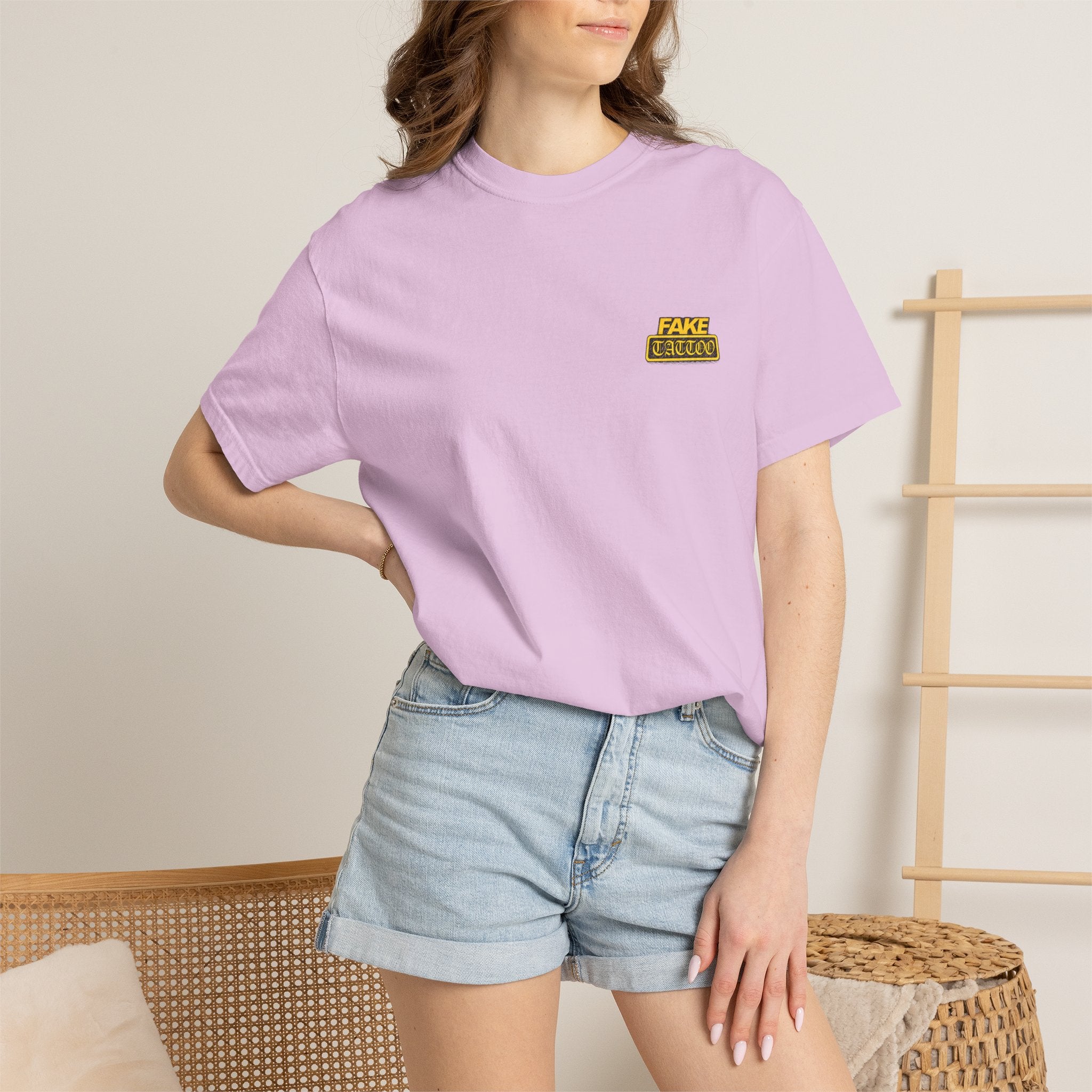 Fake Tattoo Graphic T-Shirt — Retro Yellow Chest & Back Logo