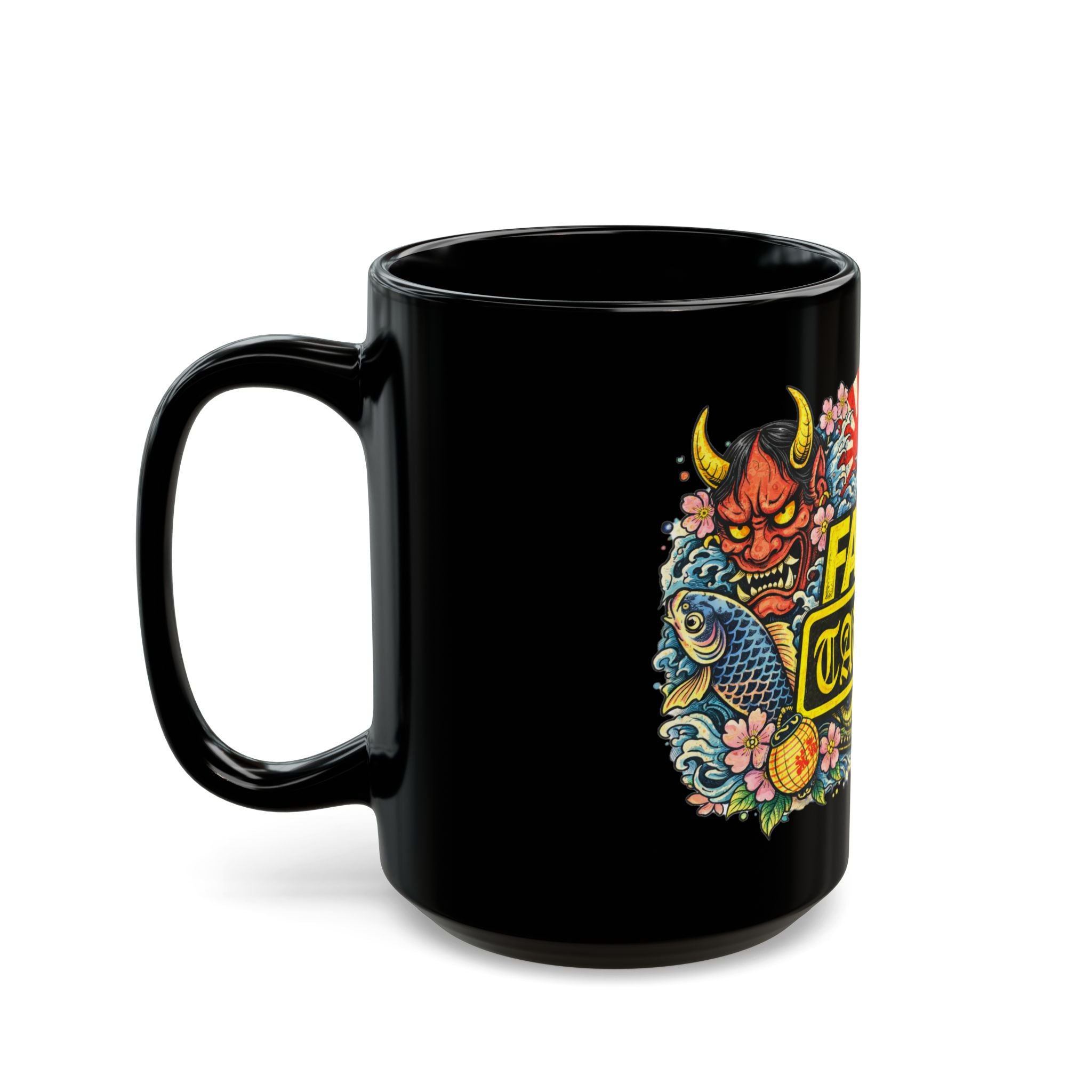 Fake Tattoo Black Mug — Japanese Tattoo Style Coffee Cup with Maneki-neko & Oni Art (11oz/15oz)