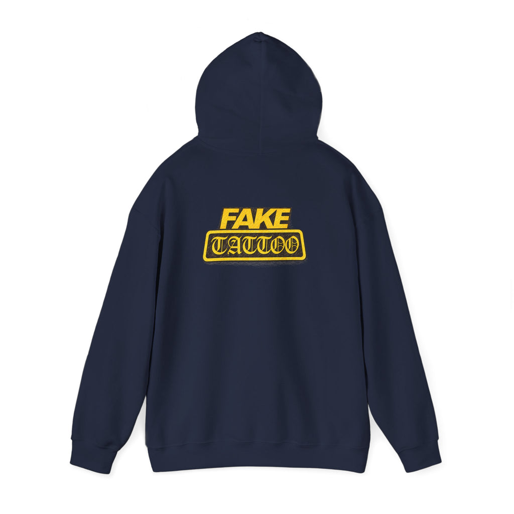 Fake Tattoo Hoodie – Retro Yellow Emblem Back Print Sweatshirt