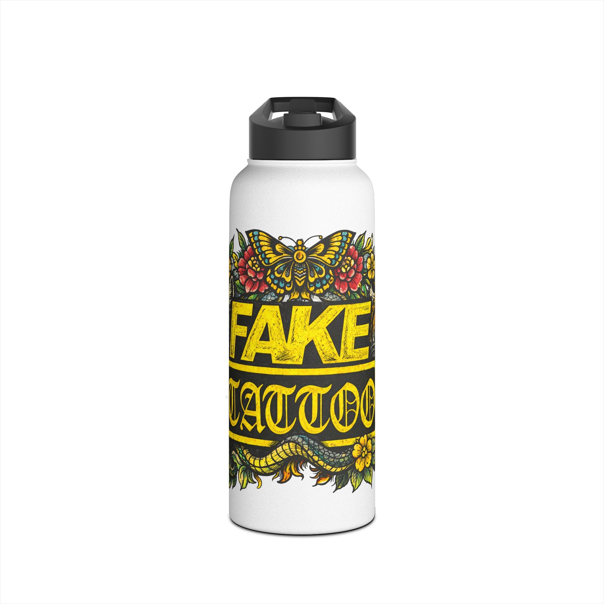 Tattoo-Style Stainless Steel Water Bottle — "Fake Tattoo" Vintage Floral Design