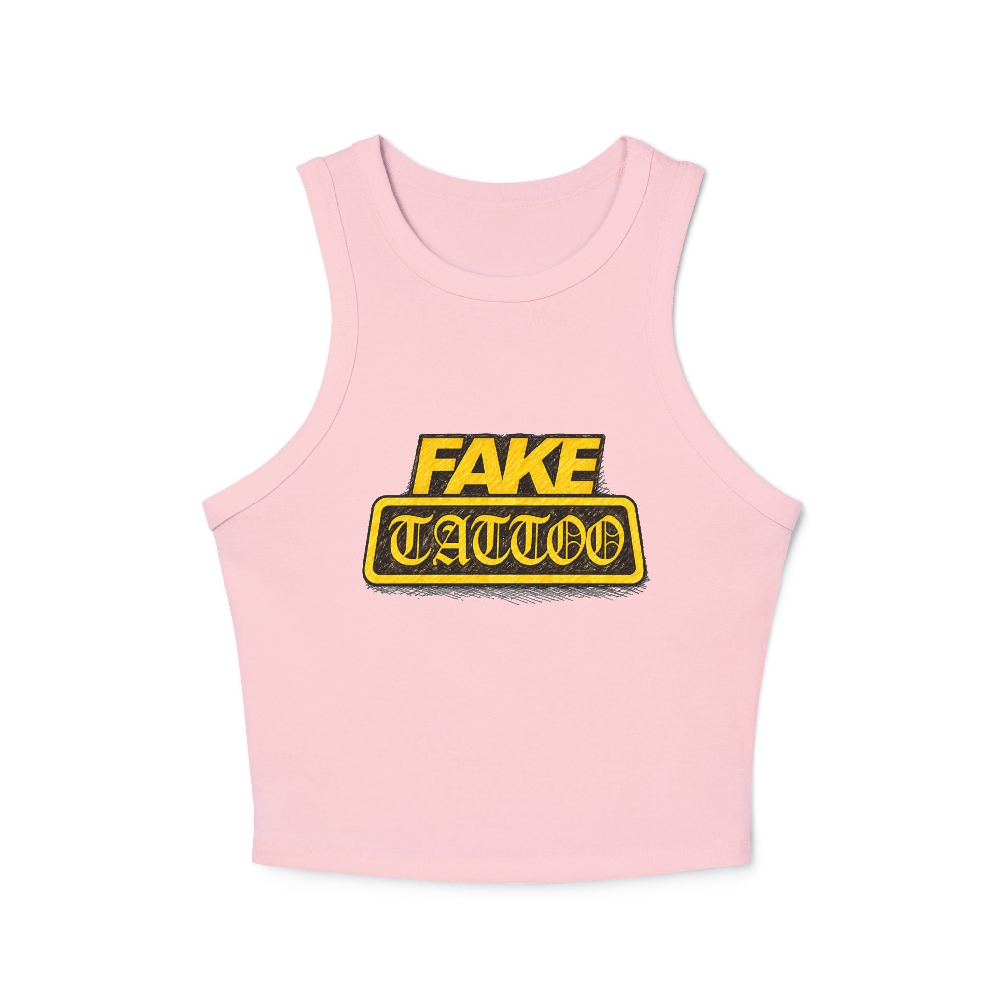 Fake Tattoo Racer Tank Top — Retro Yellow Graphic Crop Top