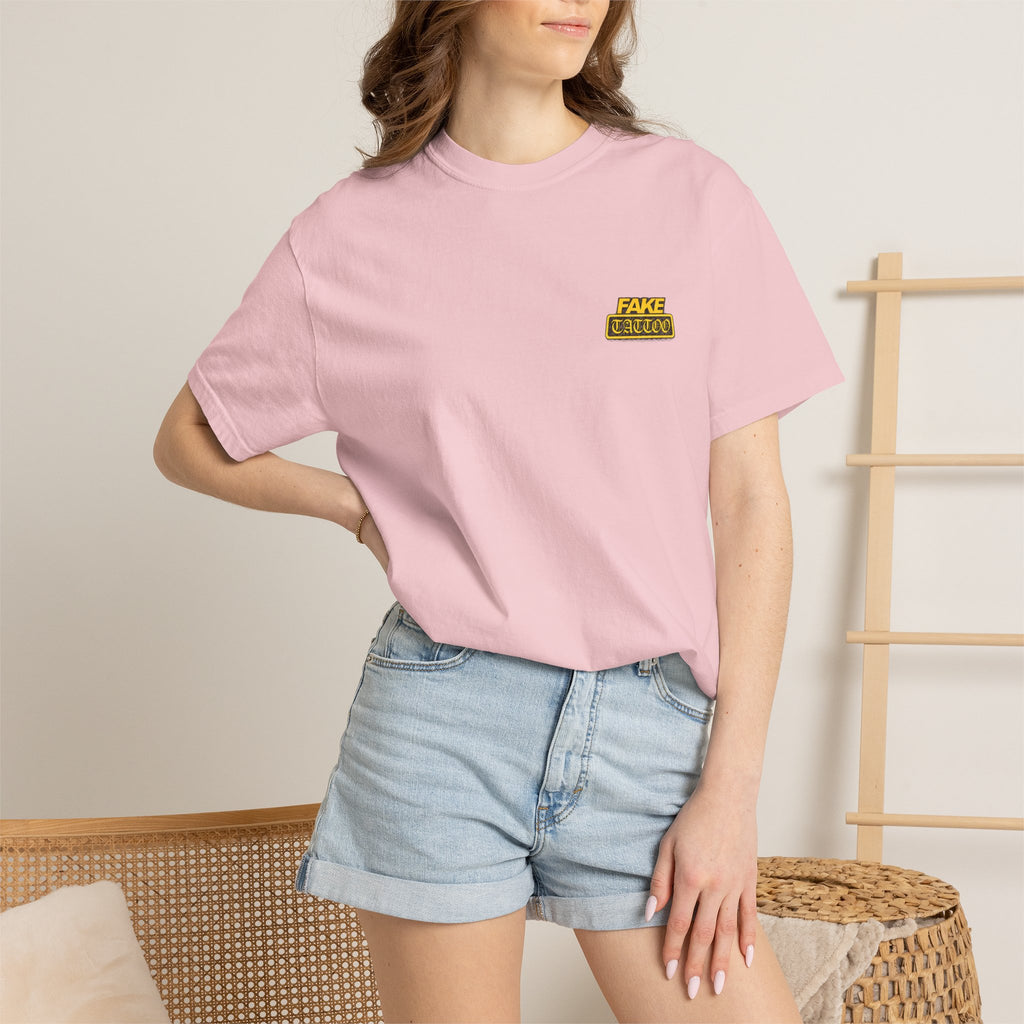 Fake Tattoo Graphic T-Shirt — Retro Yellow Chest & Back Logo