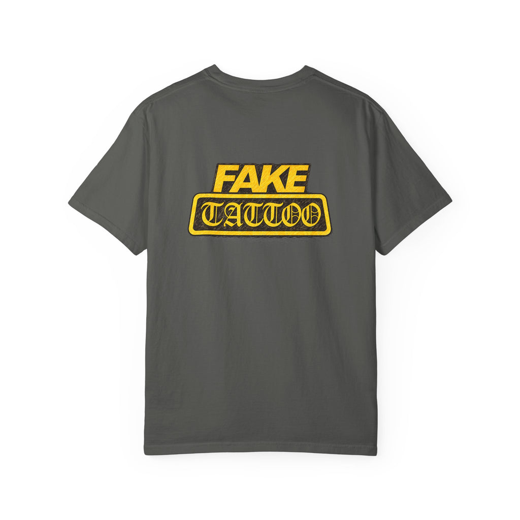 Fake Tattoo Graphic T-Shirt — Retro Yellow Chest & Back Logo