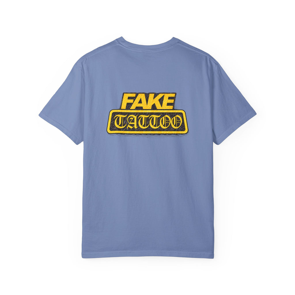 Fake Tattoo Graphic T-Shirt — Retro Yellow Chest & Back Logo