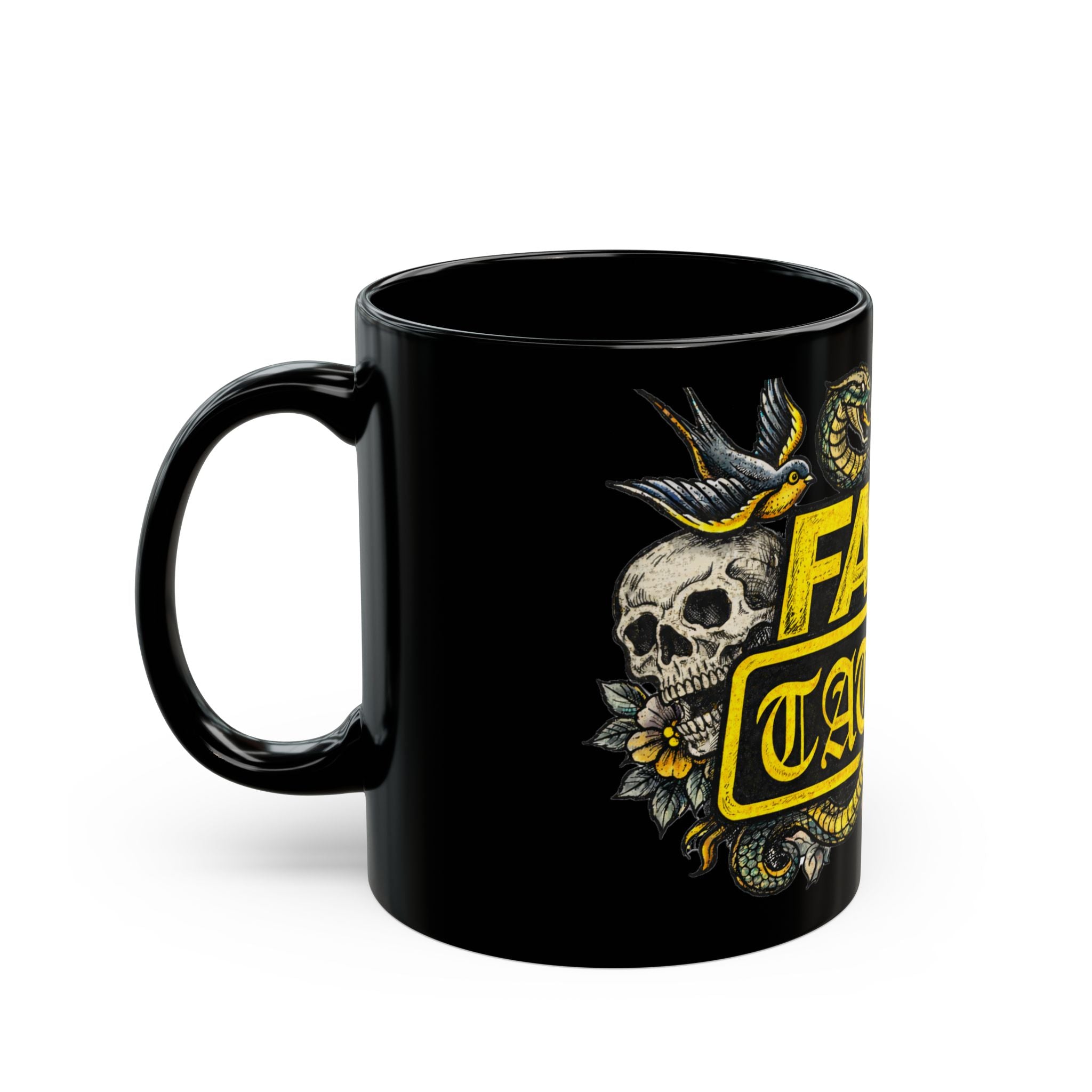 Fake Tattoo Black Mug — Skull & Snake Vintage Tattoo-Style Coffee Cup (11oz/15oz)