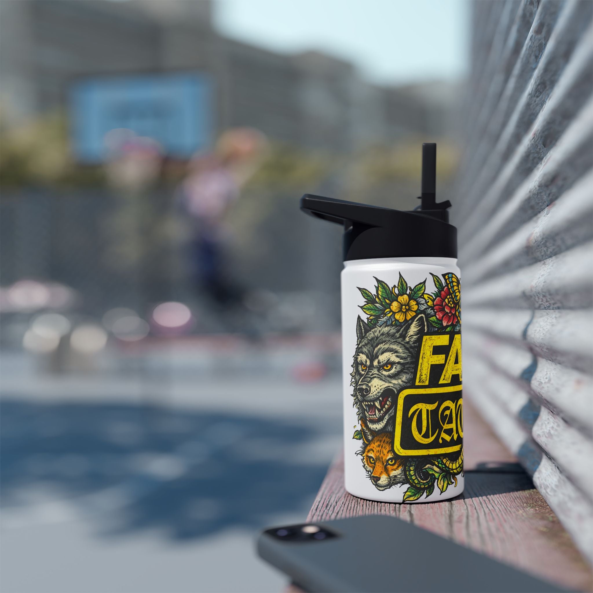 Tattoo-Style Stainless Steel Water Bottle — "Fake Tattoo" Vintage Floral Design